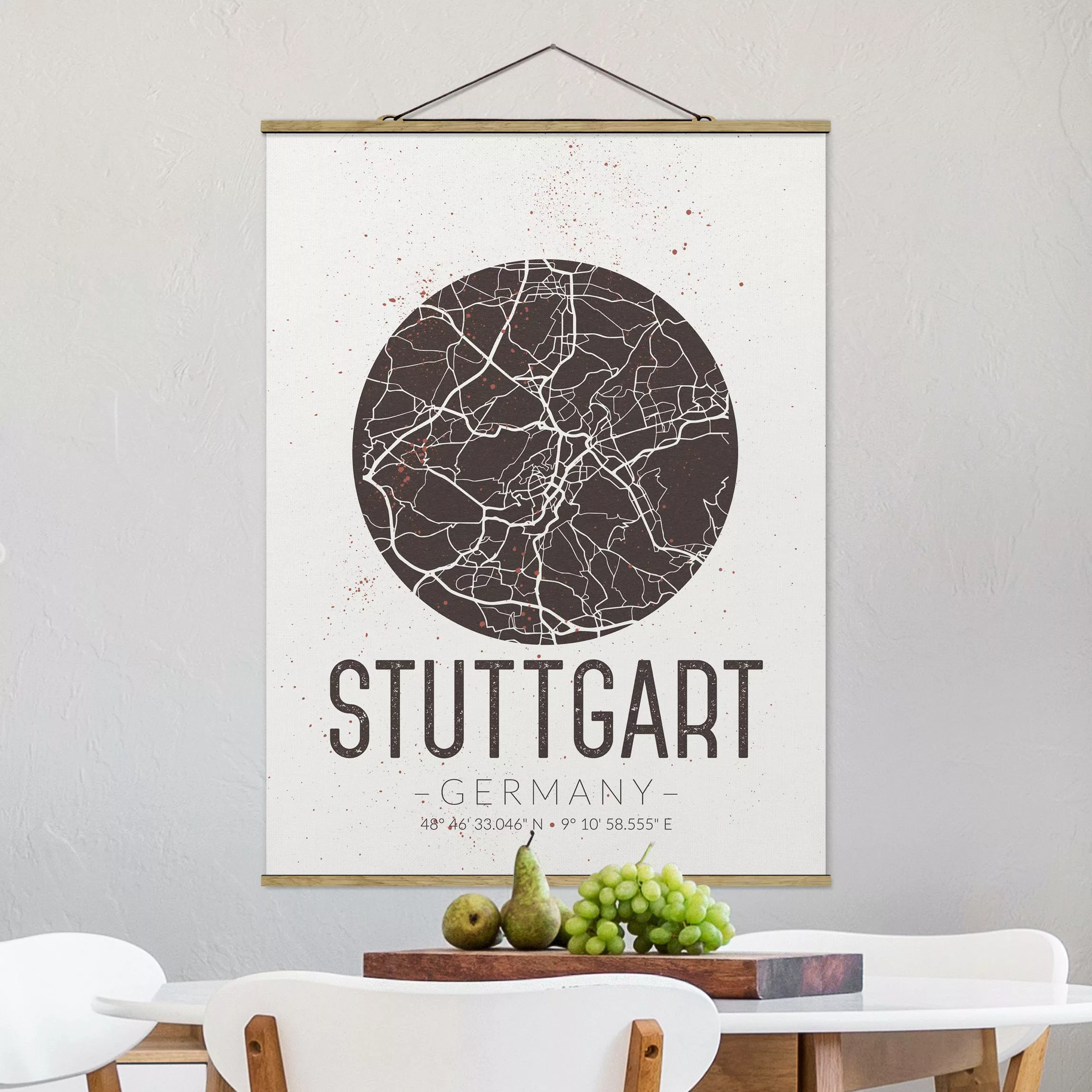 Stoffbild Karten mit Posterleisten - Hochformat Stadtplan Stuttgart - Retro günstig online kaufen