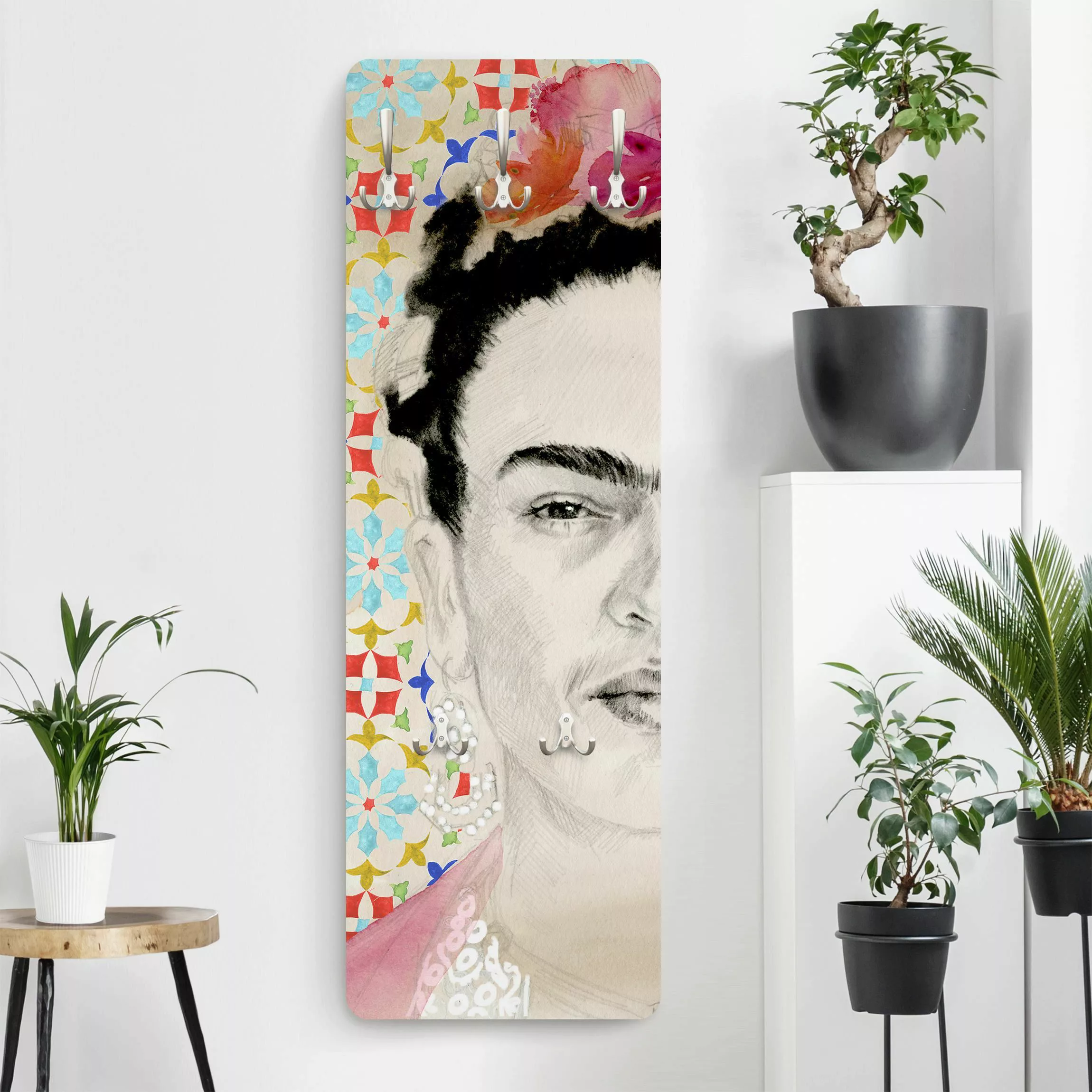 Wandgarderobe Holzpaneel Frida mit rosa Blüten II günstig online kaufen