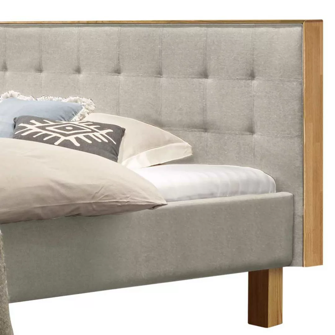 Doppelbett Stoff Polster Beige mit Vierfußgestell aus Holz Eiche Bianco günstig online kaufen