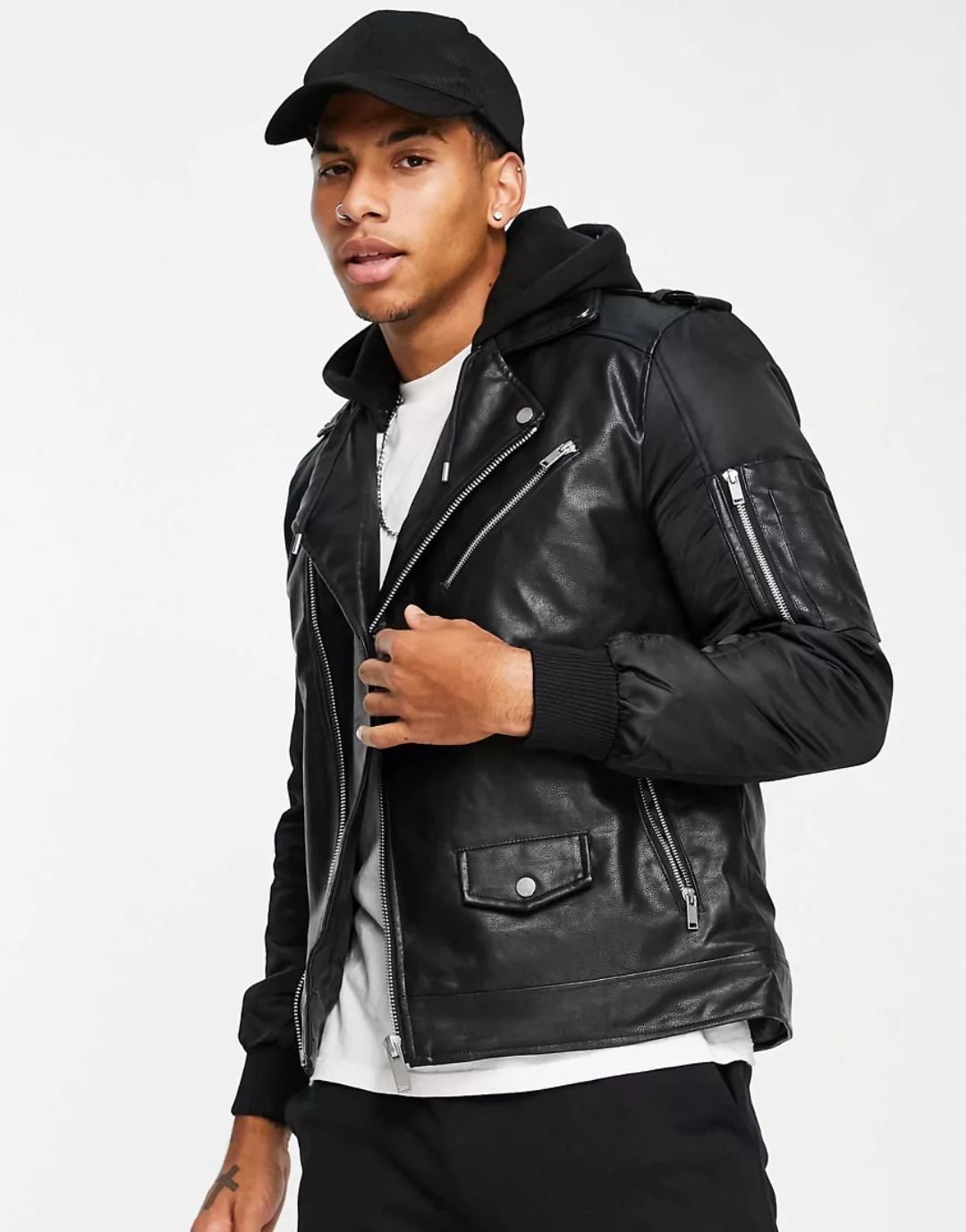 River Island – Biker-Jacke in Schwarz mit Kapuze günstig online kaufen