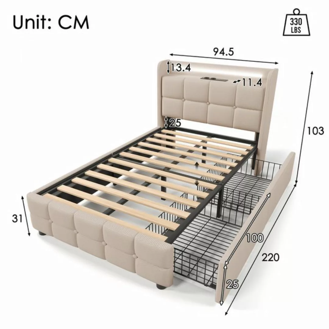 Welikera Polsterbett Einzelbett mit USB Ladefunktion Kopfteil,LED-Licht,2 S günstig online kaufen