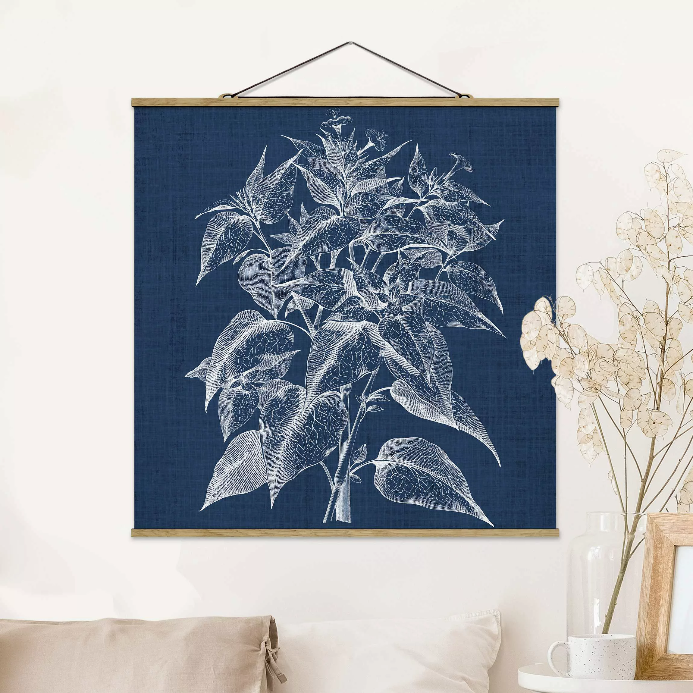 Stoffbild Blumen mit Posterleisten - Quadrat Denim Pflanzenstudie III günstig online kaufen