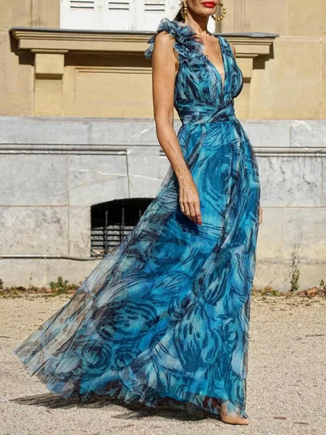 KIKI Abendkleid Sommerlich bedrucktes Abendkleid mit langem Rock -tiefem V- günstig online kaufen