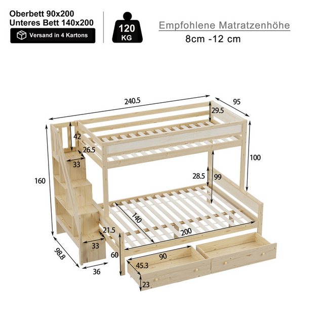 Flieks Etagenbett, Massivholzbett 90x200cm/140x200cm mit 2 Schubladen und S günstig online kaufen