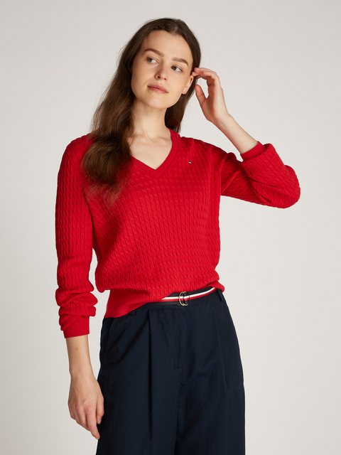 Tommy Hilfiger V-Ausschnitt-Pullover CO CABLE V-NK LS SWT mit Zopfmuster, L günstig online kaufen