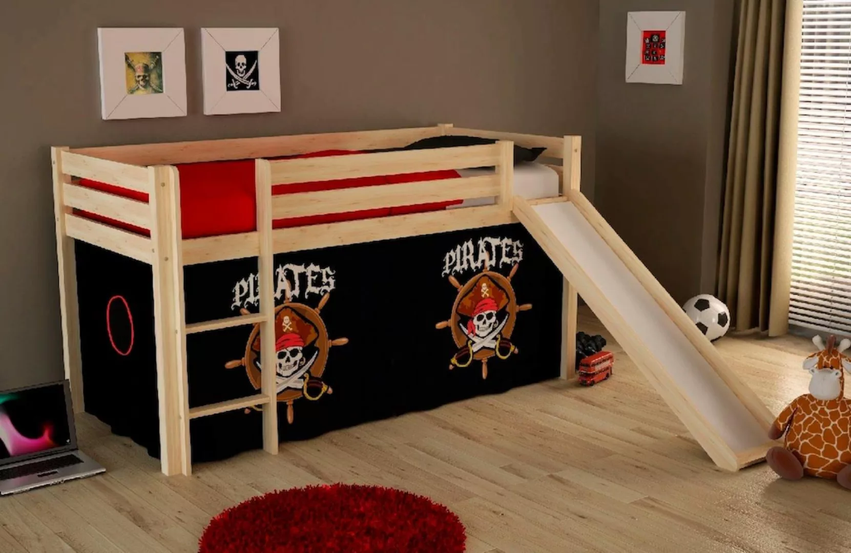 Hochbett Kinderzimmer incl. Rutsche PINOO-12 mit Textilset Pirates in Kiefe günstig online kaufen