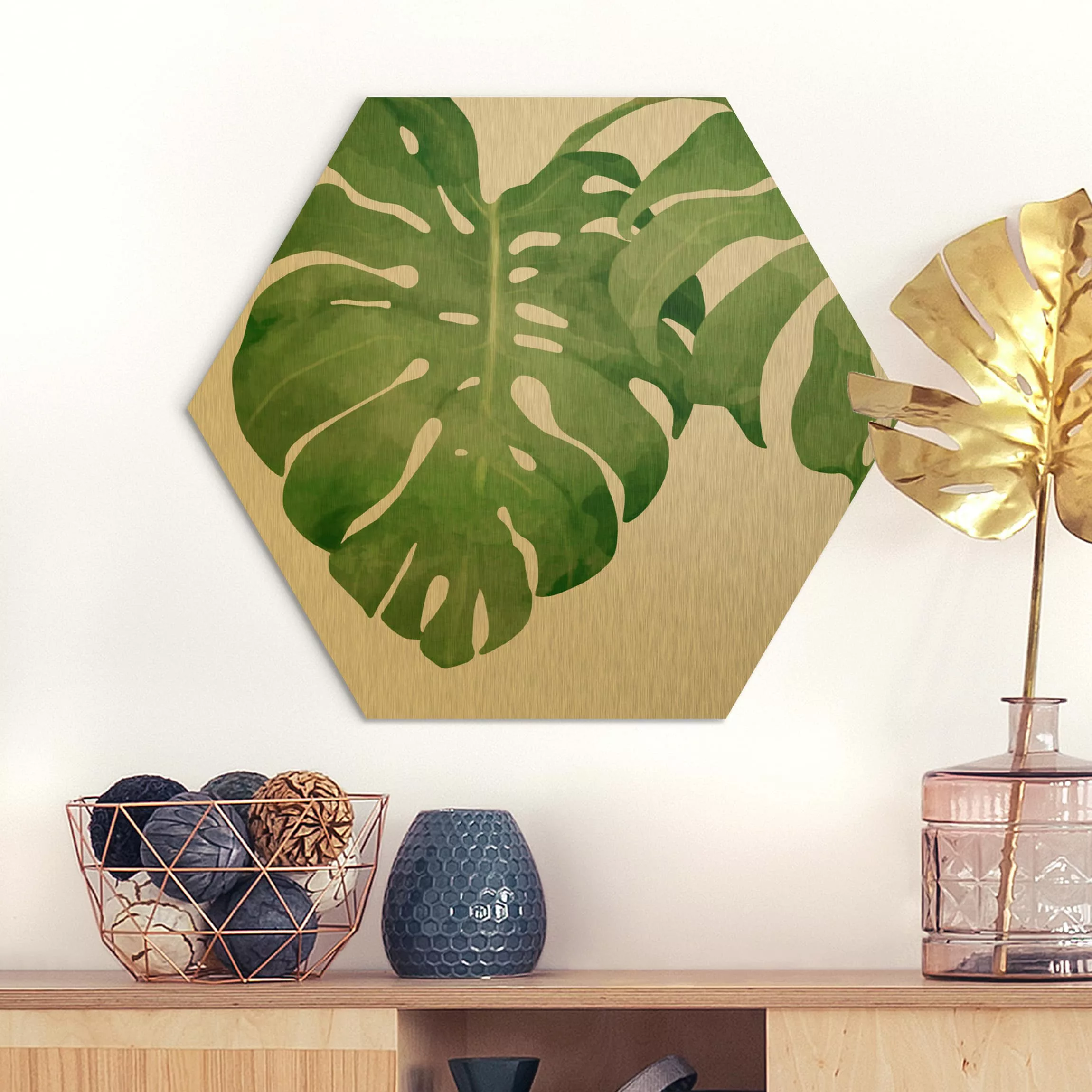 Hexagon-Alu-Dibond Bild Blumen Monstera Aquarell I günstig online kaufen