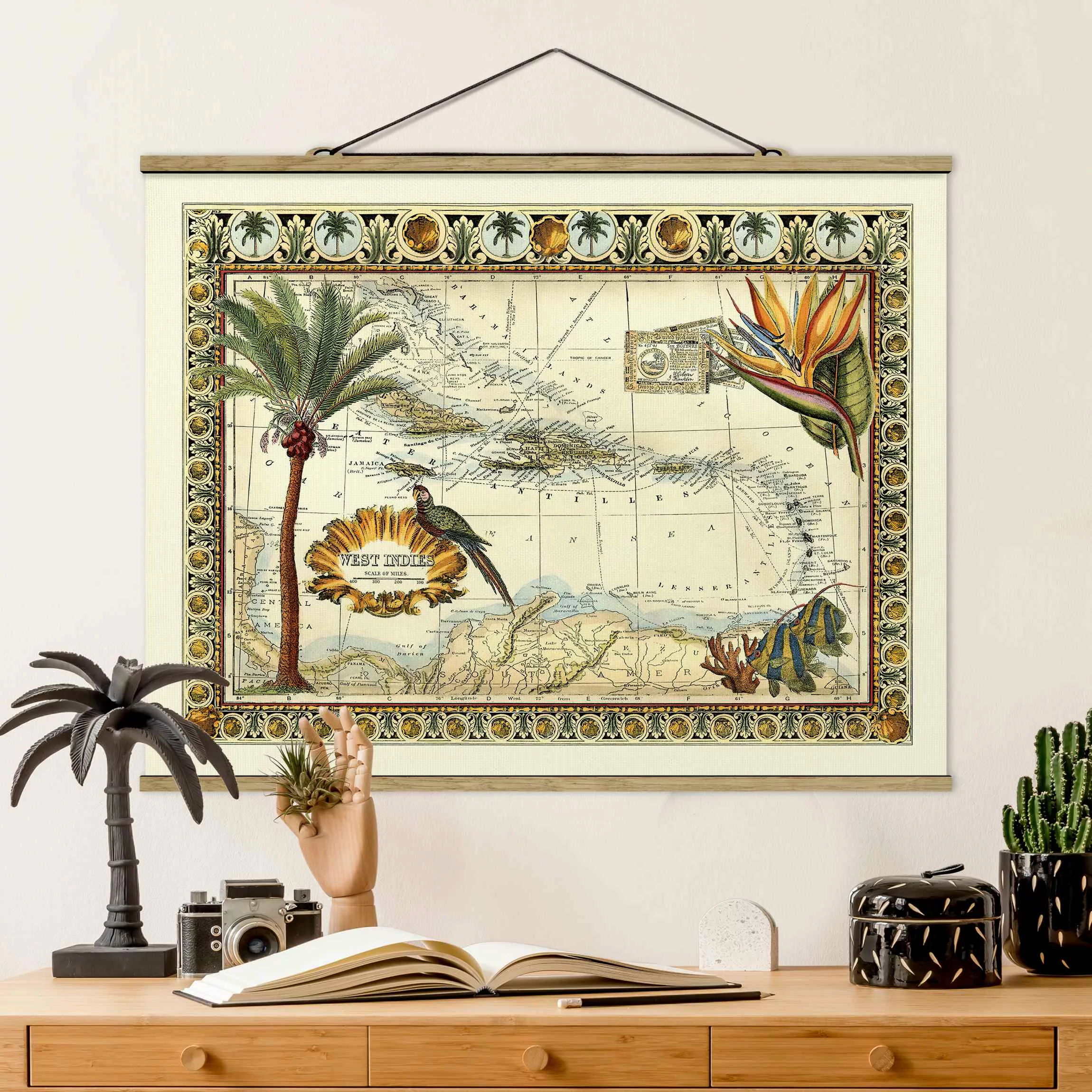 Stoffbild Landschaft mit Posterleisten - Querformat Vintage Tropische Landk günstig online kaufen