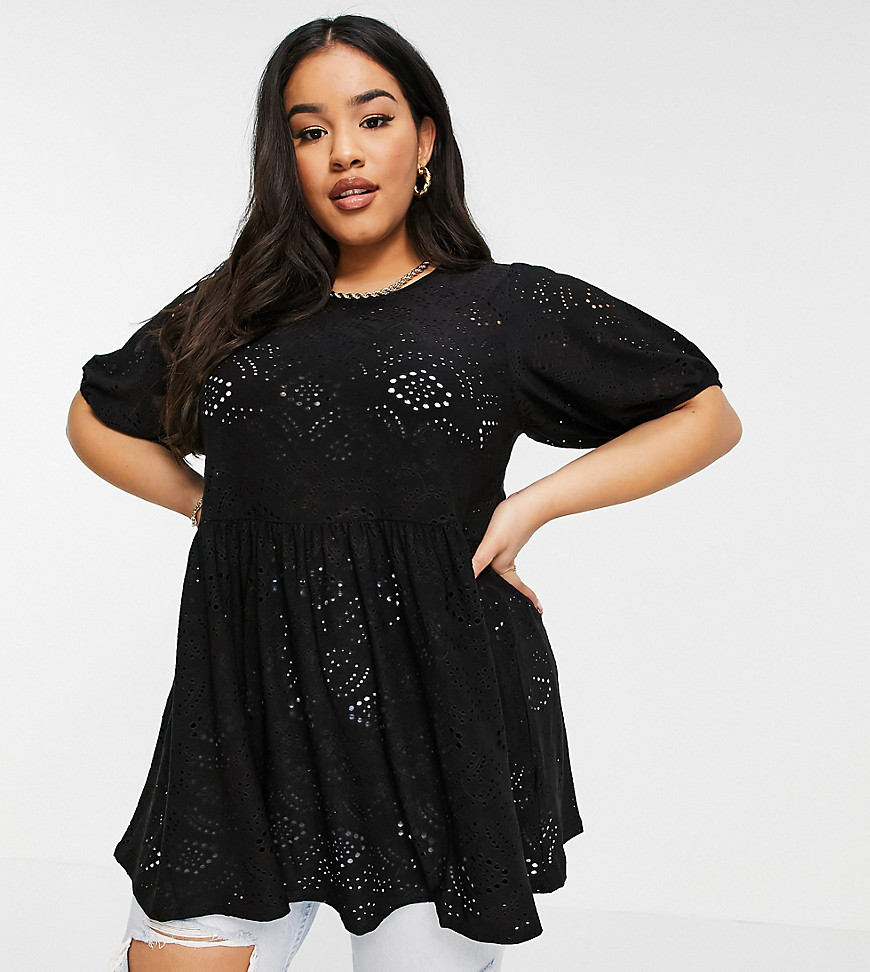 Yours – Bluse in Schwarz mit Lochstickerei und Puffärmeln günstig online kaufen