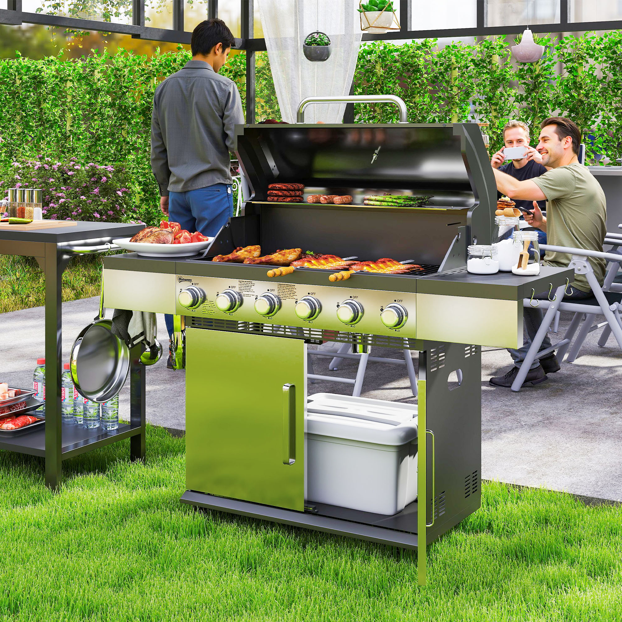 Outsunny Gasgrill 8500BTU Grillwagen inkl 6 Edelstahl-Brenner Rolle Thermom günstig online kaufen