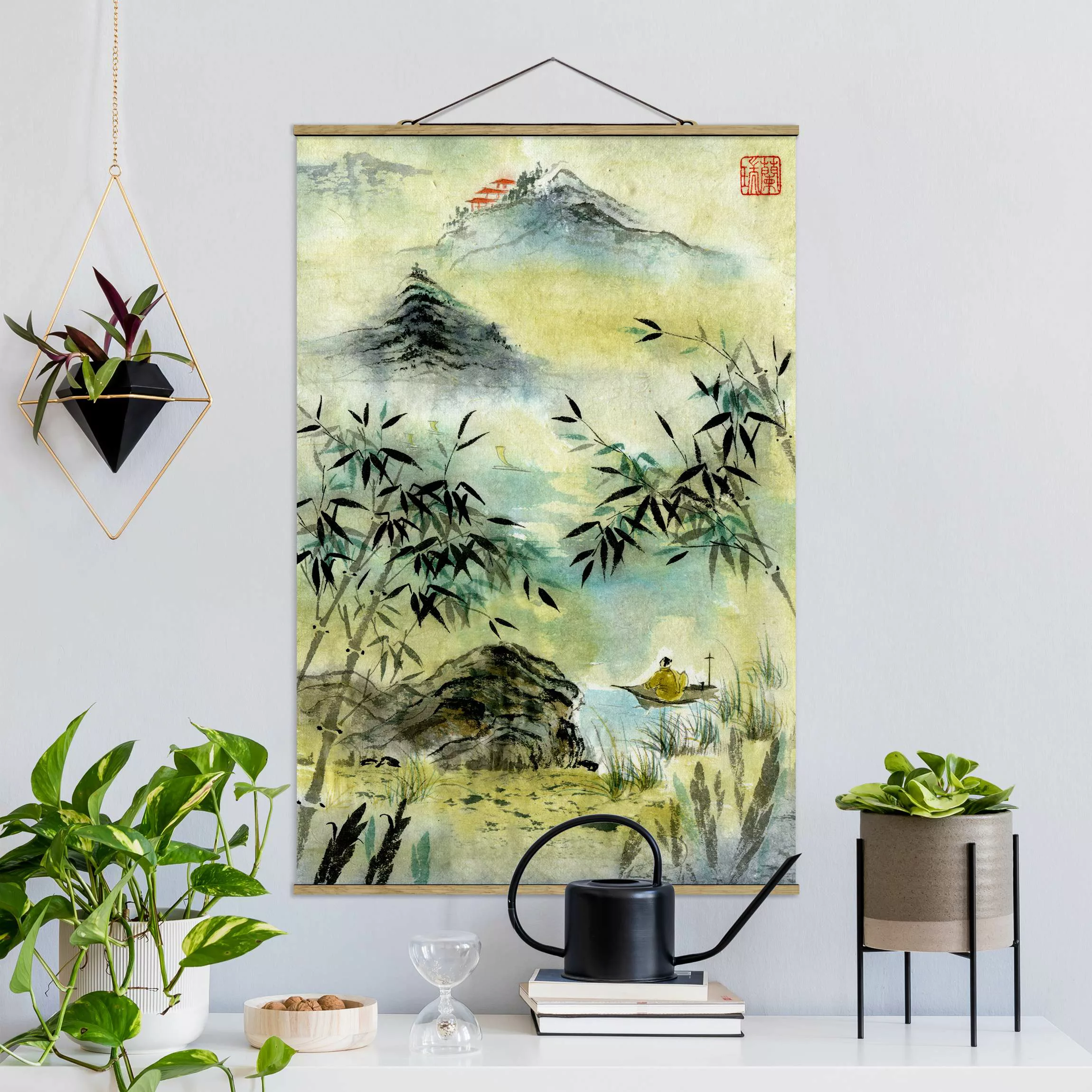 Stoffbild Kunstdruck mit Posterleisten - Hochformat Japanische Aquarell Zei günstig online kaufen