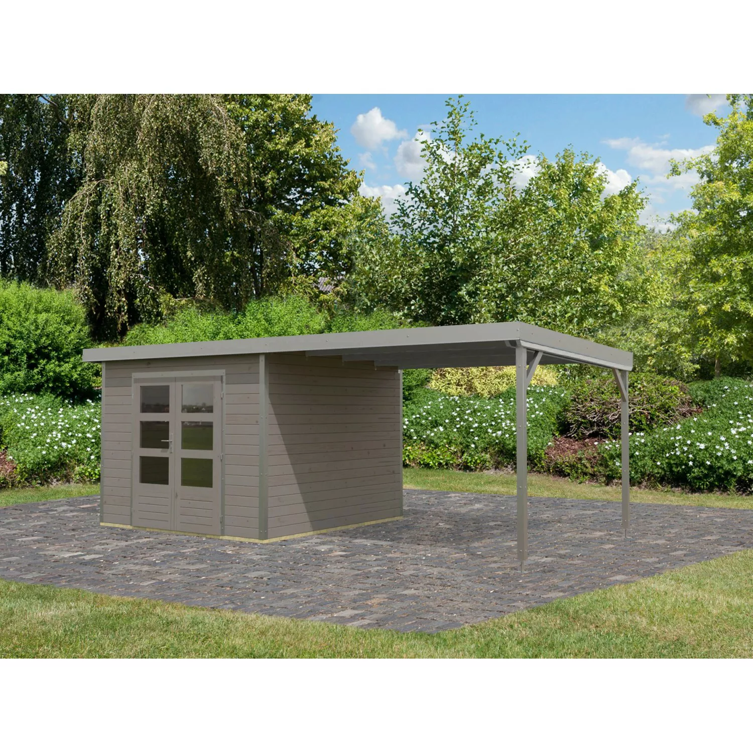 Karibu Gartenhaus Set Domingo D Wassergrau-Staubgrau mit Anbaudach 7 m² günstig online kaufen