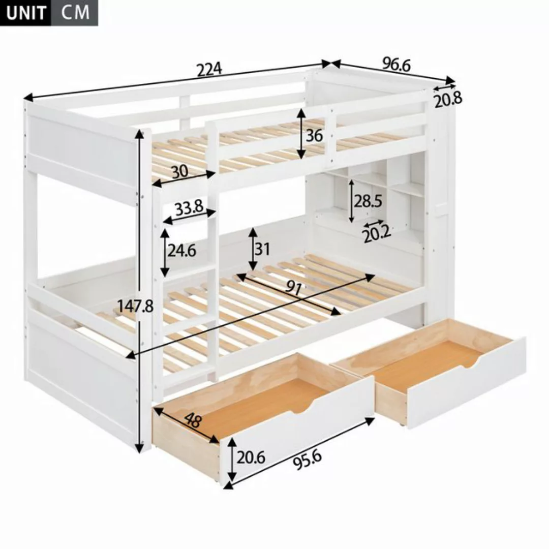 Ulife Etagenbett Kinderbett mit 2 Schubladen und sechs Staufächer,90*200cm günstig online kaufen