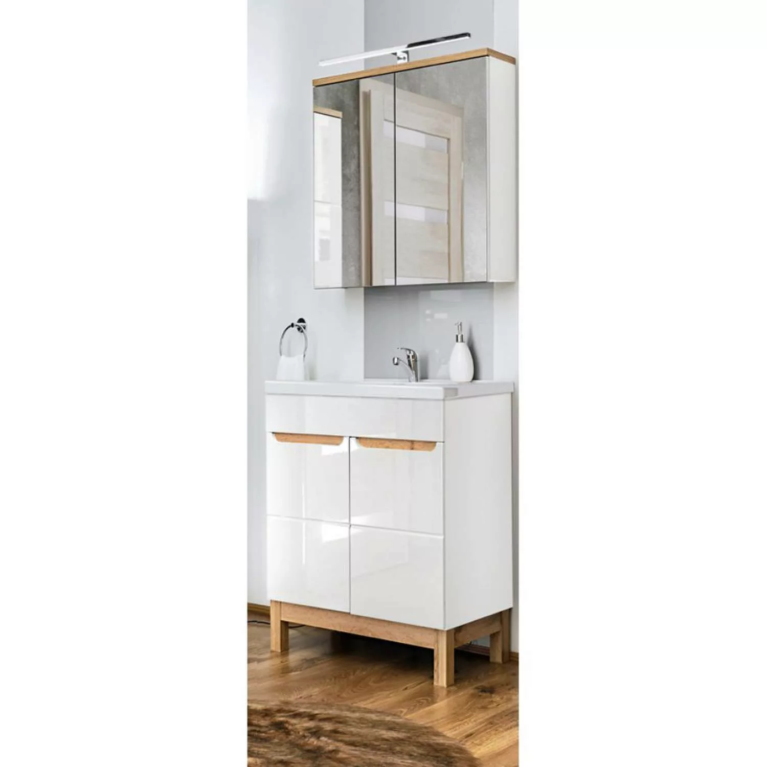Badmöbel Waschplatz Set mit 60cm Waschtisch & LED-Spiegelschrank SOLNA-56 i günstig online kaufen