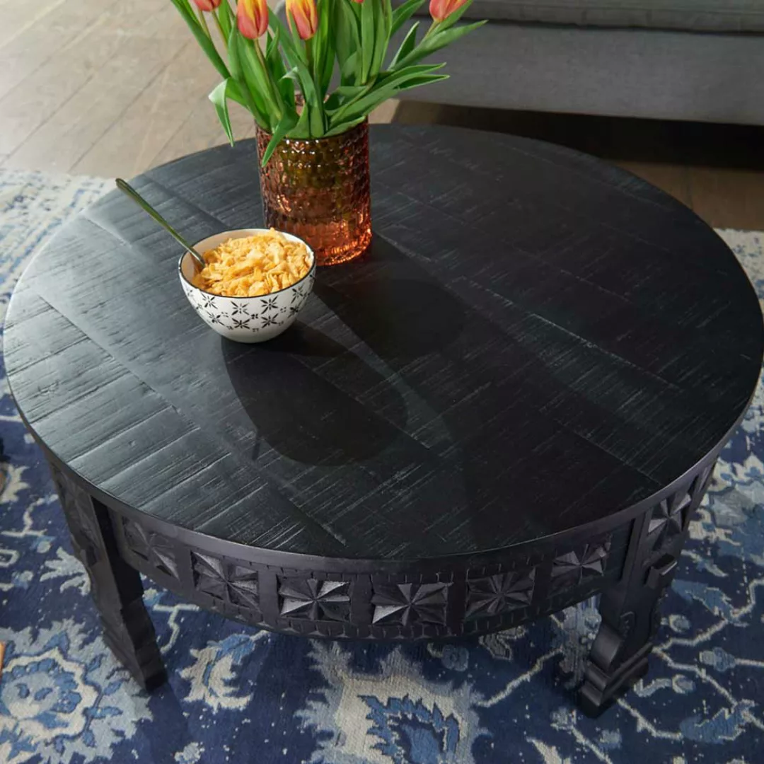 Orientalischer Couchtisch in schwarz lackiert runder Tischplatte günstig online kaufen