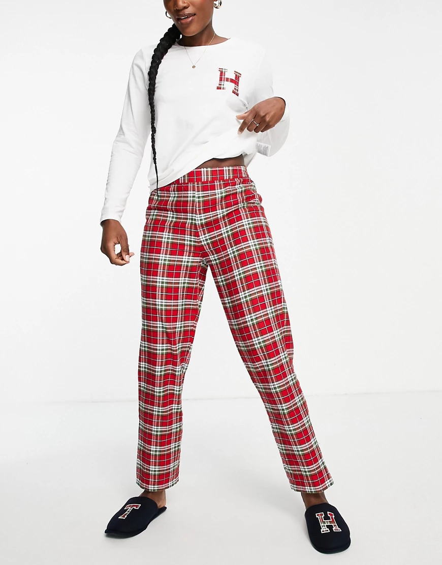Tommy Hilfiger – Karierter Pyjama aus Bio-Baumwollmix in Weiß und Rot mit H günstig online kaufen
