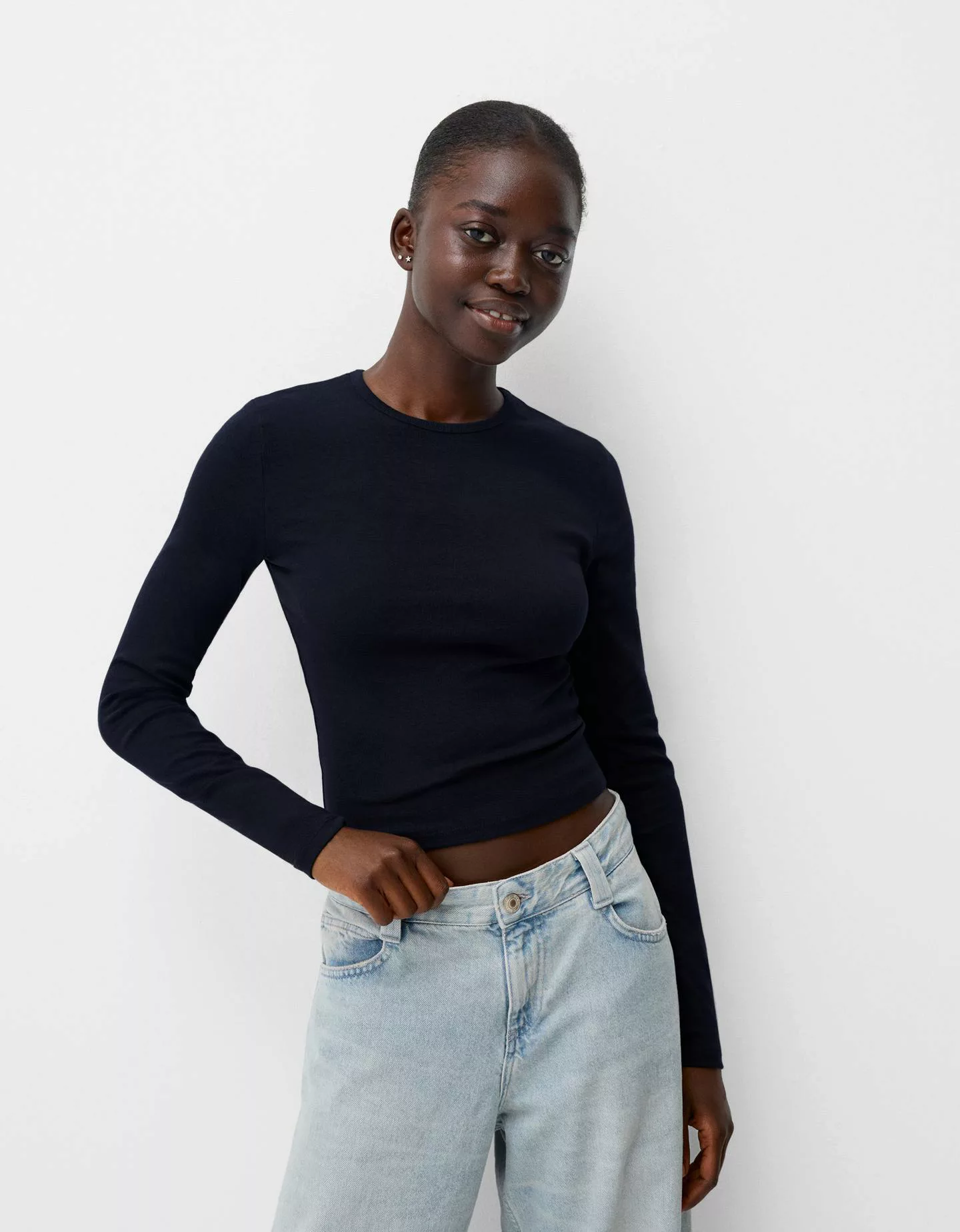 Bershka Langarmshirt Damen L Marinenblau günstig online kaufen