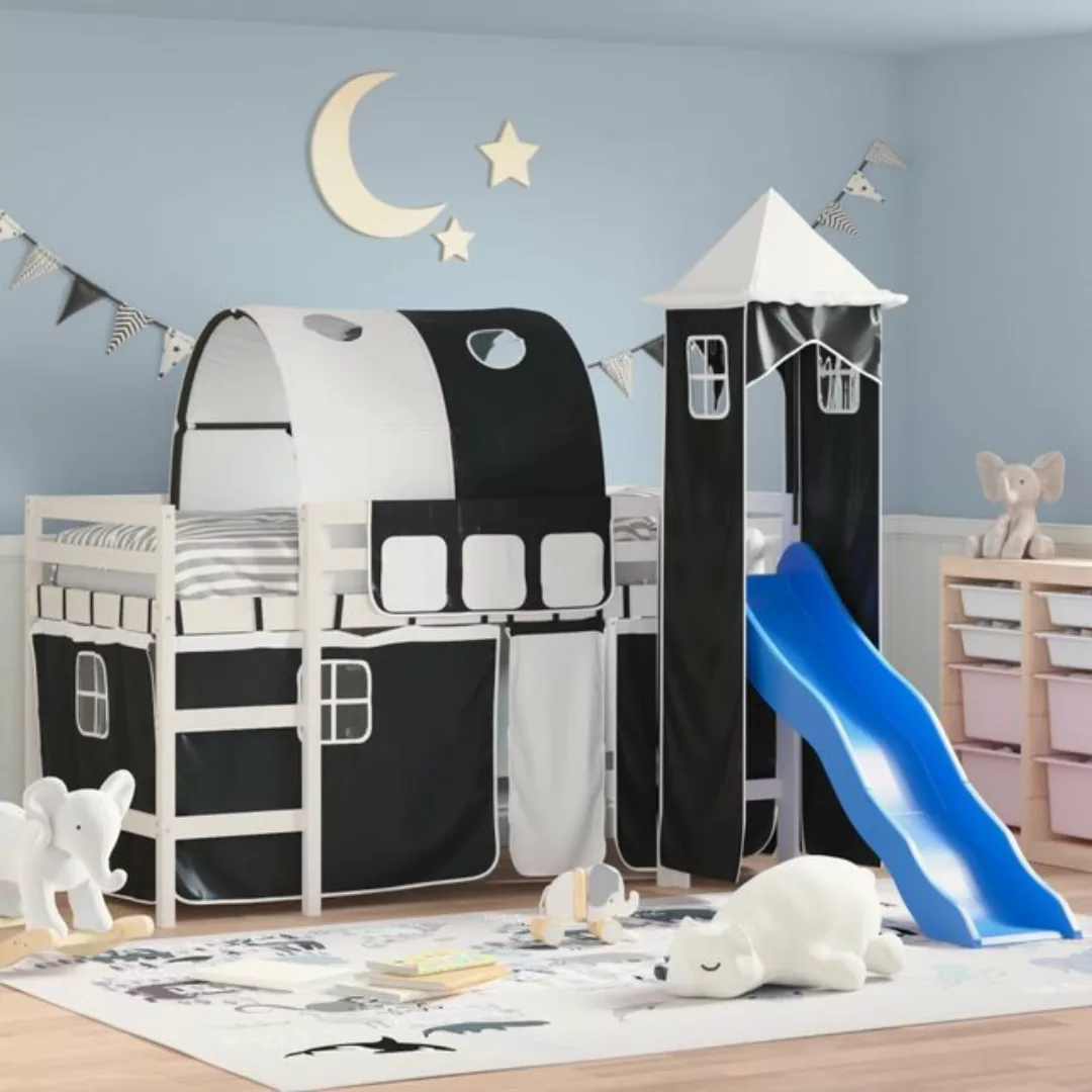 vidaXL Kinderbett Kinderhochbett mit Turm Weiß Schwarz 80x200 cm Kiefernhol günstig online kaufen