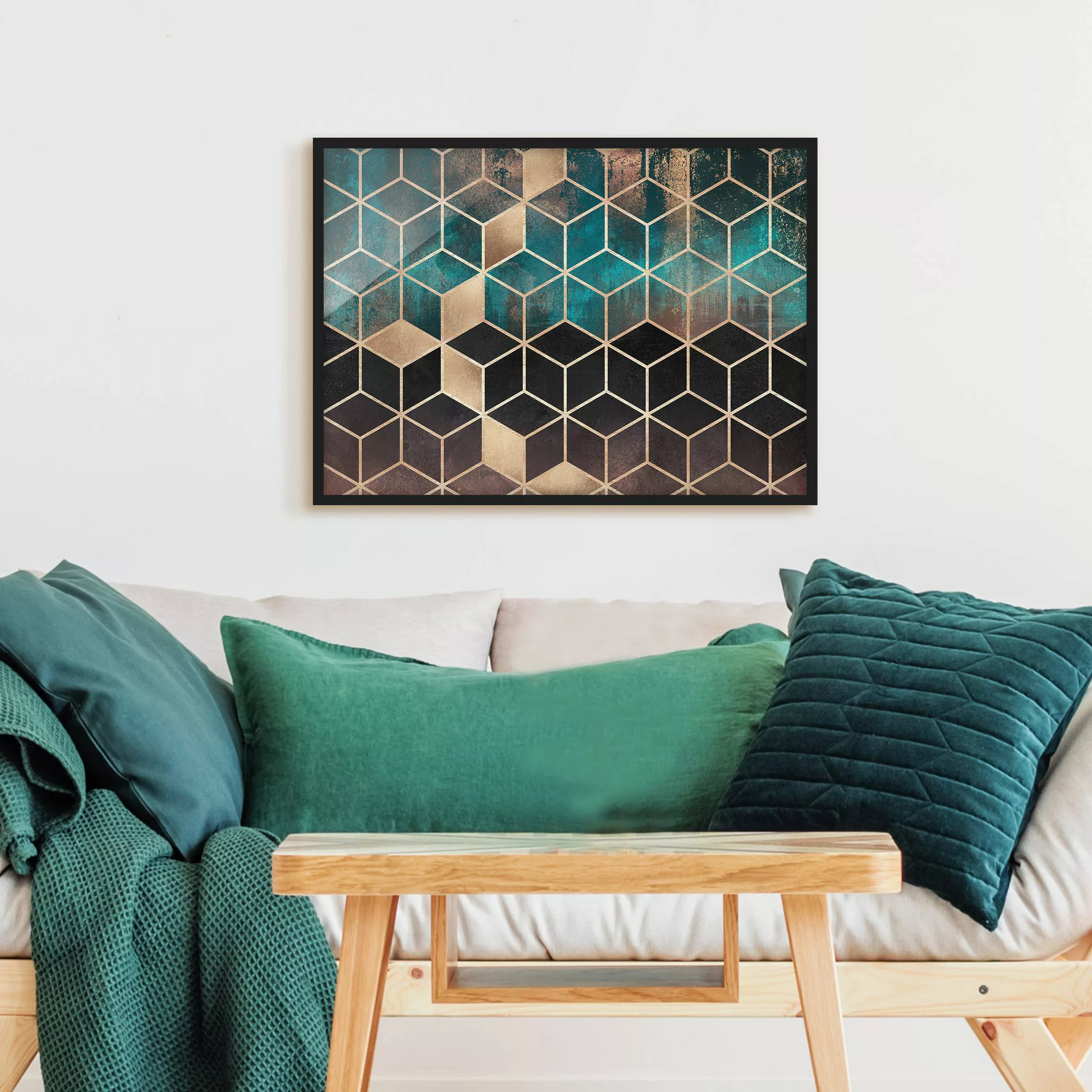 Bild mit Rahmen Abstrakt - Querformat Türkis Rosé goldene Geometrie günstig online kaufen
