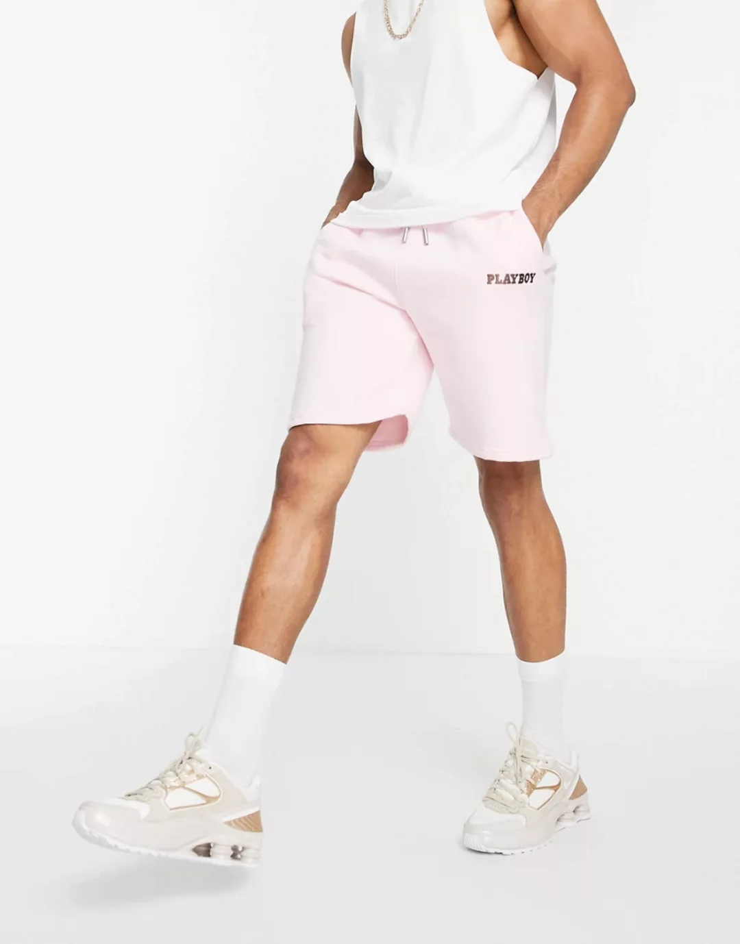 Mennace x Playboy – Jersey-Shorts in Rosa mit Logoprint, Kombiteil-Neutral günstig online kaufen