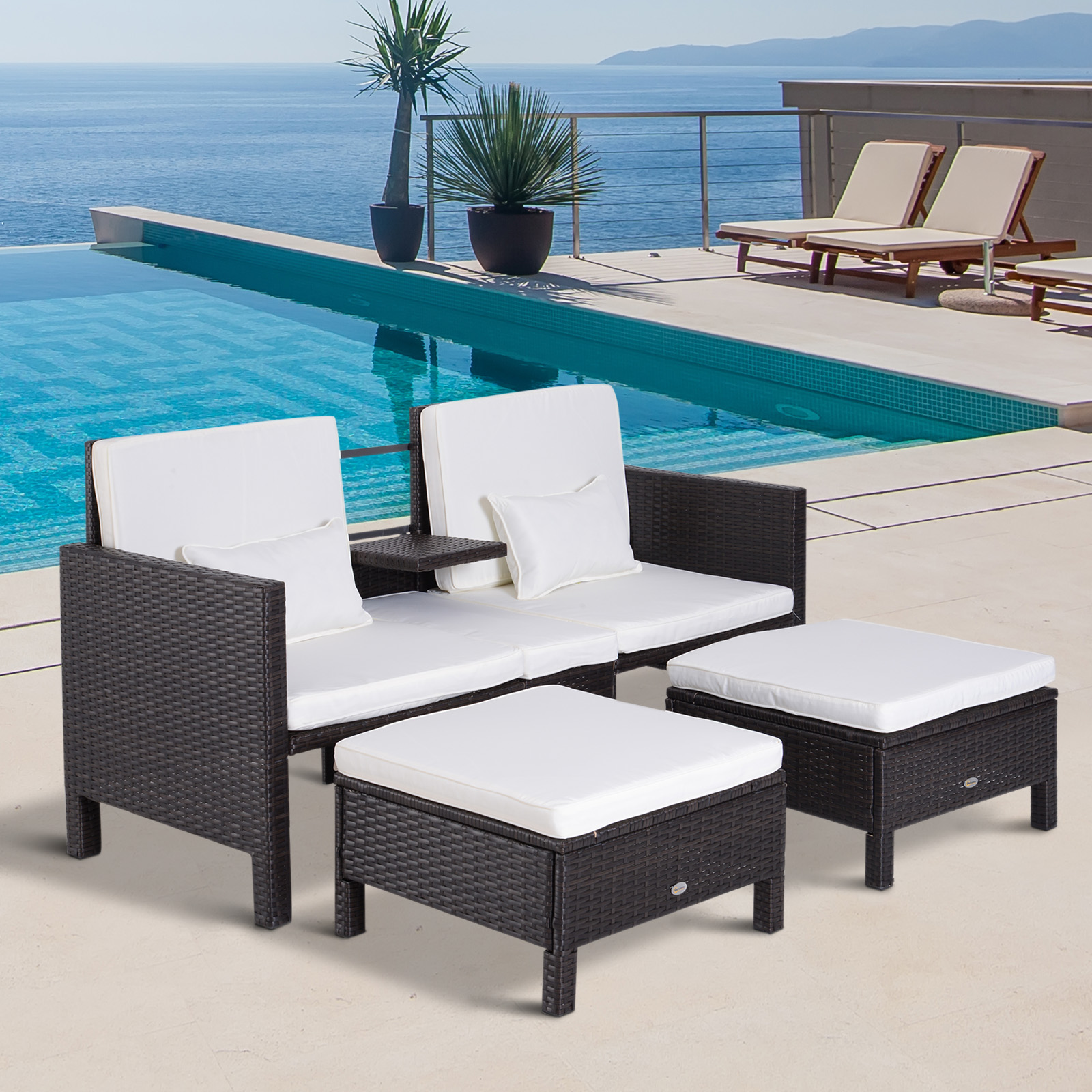 Gartensofa Set Braun Polyrattan Metall inkl 2er Sofa Hocker Kissen ideal fü günstig online kaufen