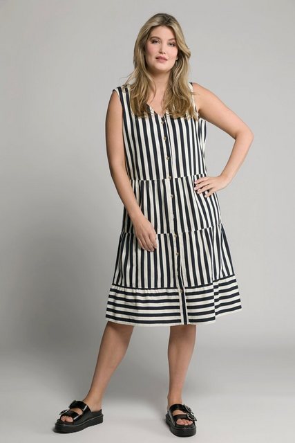 Ulla Popken Jerseykleid Kleid Leinenmix Streifen V-Ausschnitt ärmellos günstig online kaufen