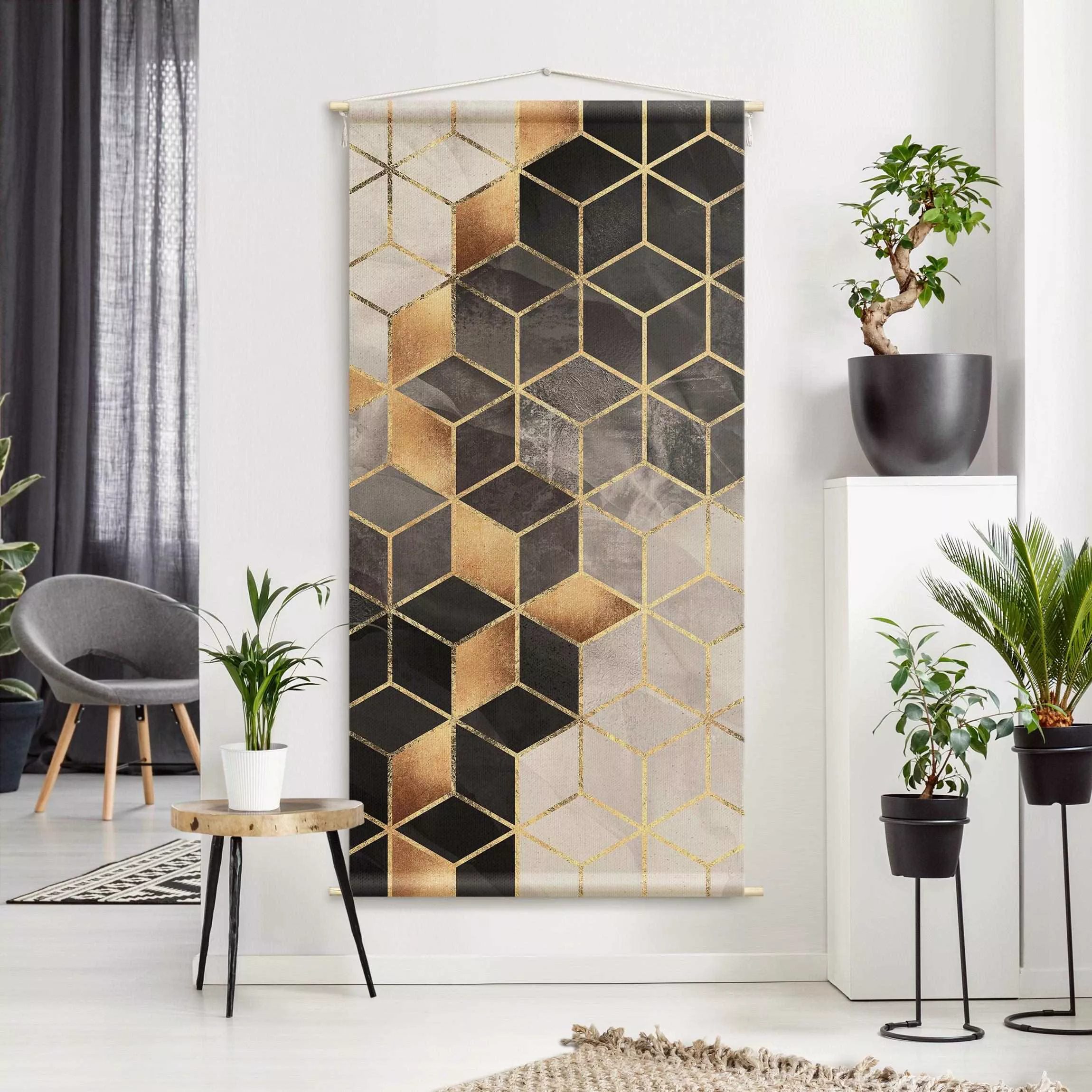 Wandteppich Schwarz Weiß goldene Geometrie günstig online kaufen