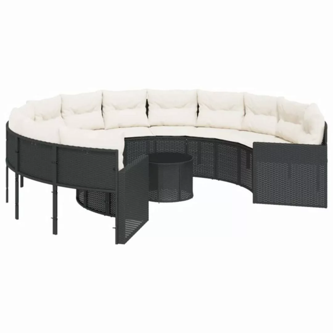 vidaXL Loungesofa Gartensofa mit Tisch und Kissen Rund Schwarz Poly-Rattan, günstig online kaufen