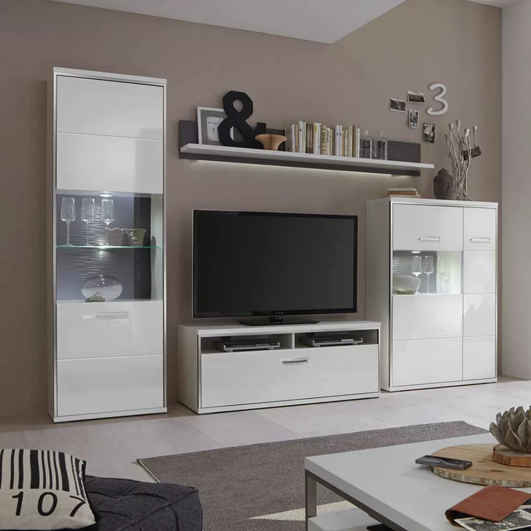 TV Anbauwand in LED Beleuchtung Hochglanz Weiß (vierteilig) günstig online kaufen