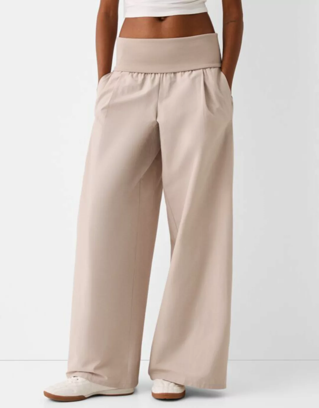 Bershka Wide-Leg-Hose Mit Umgeschlagenem Bund Damen S Steinfarbe günstig online kaufen