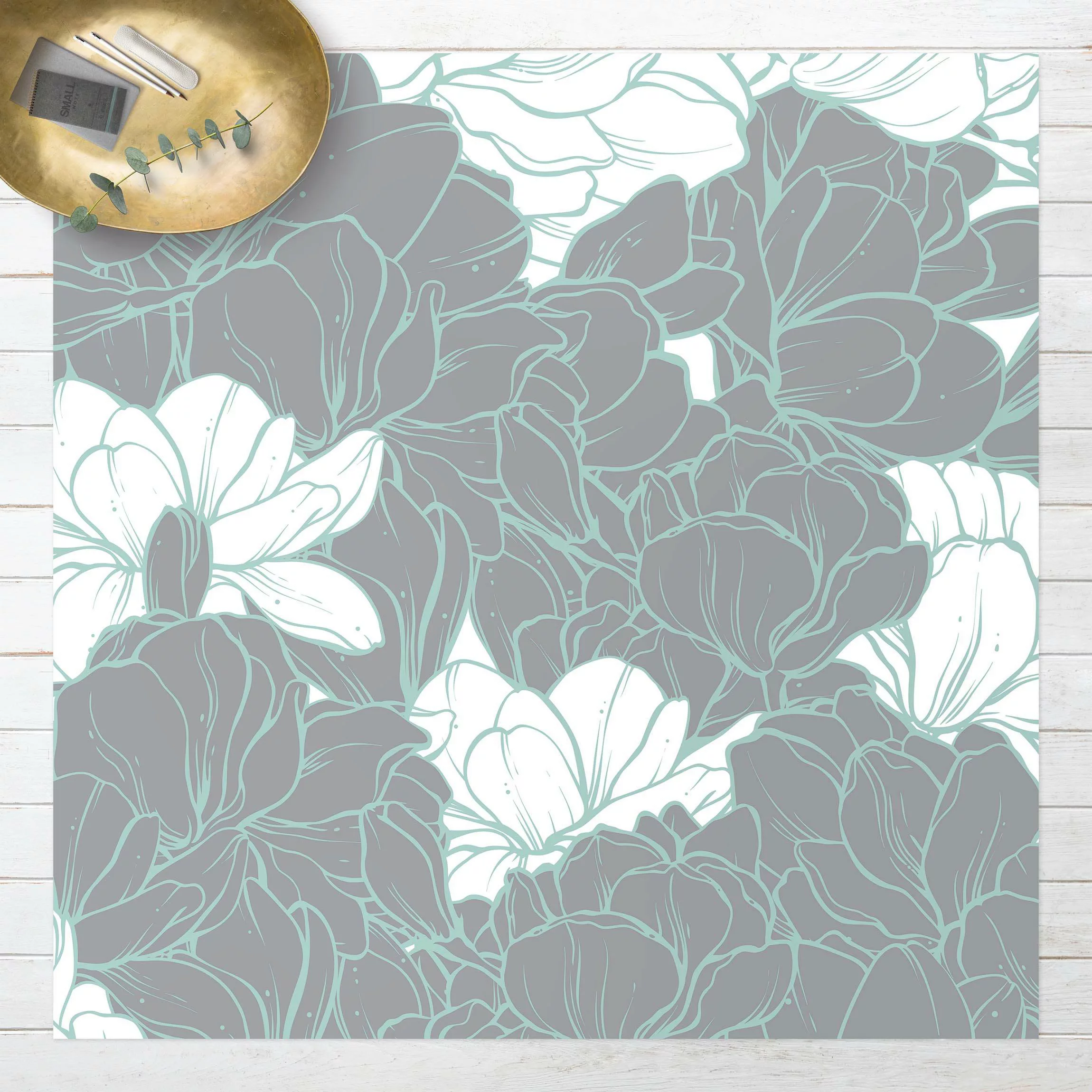 Vinyl-Teppich Magnolien Blütenmeer Weiß Grau Mint günstig online kaufen