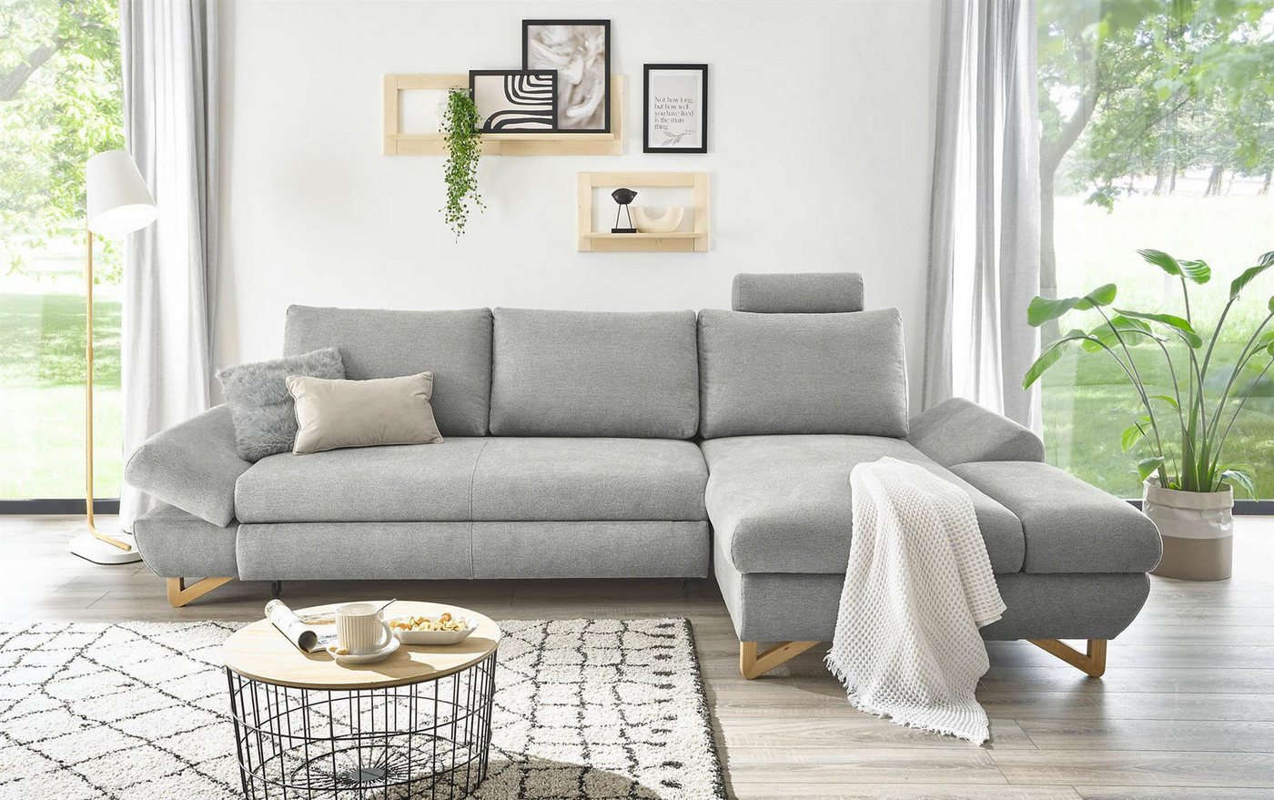 Design-Wohngalerie Sofa Ecksofa Halsta - Strukturstoff Silber, Recamiere re günstig online kaufen