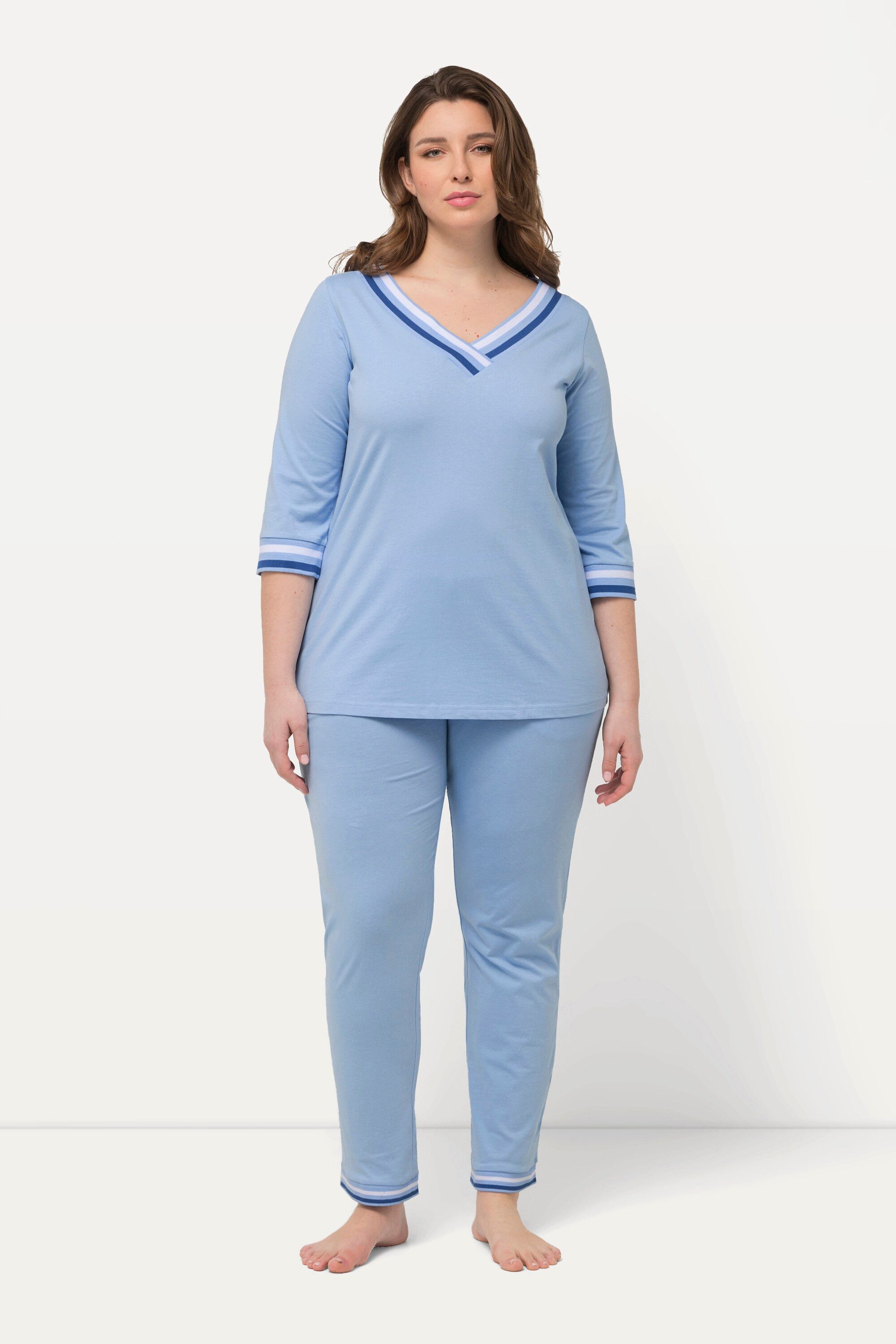 Ulla Popken Pyjama Schlafanzug Streifendetails V-Ausschnitt günstig online kaufen