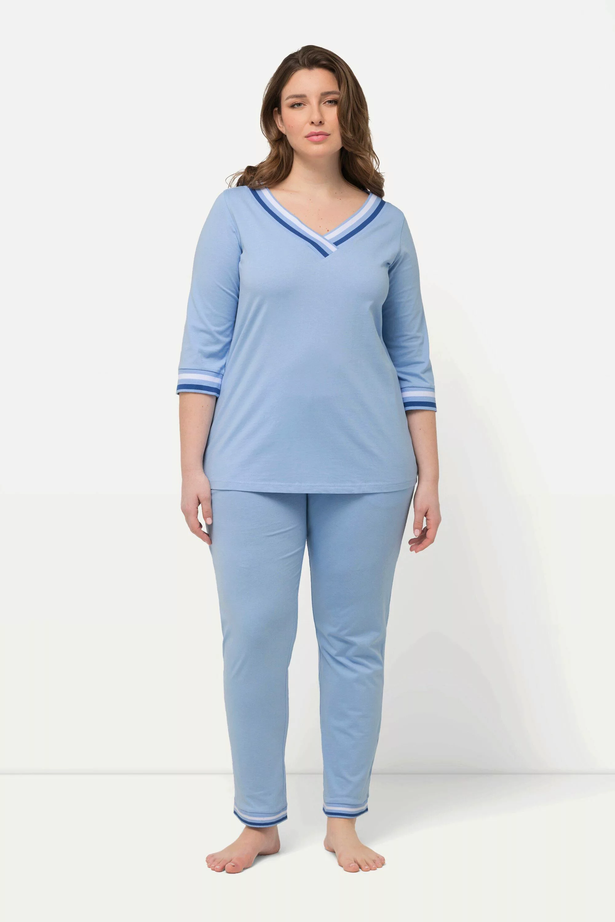 Ulla Popken Pyjama Schlafanzug Streifendetails V-Ausschnitt günstig online kaufen