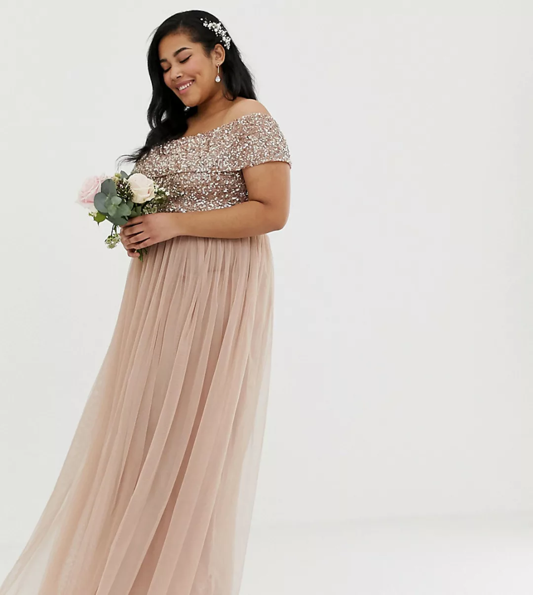 Maya Plus – Bridesmaid – Schulterfreies Maxikleid aus Tüll mit Pailletten i günstig online kaufen