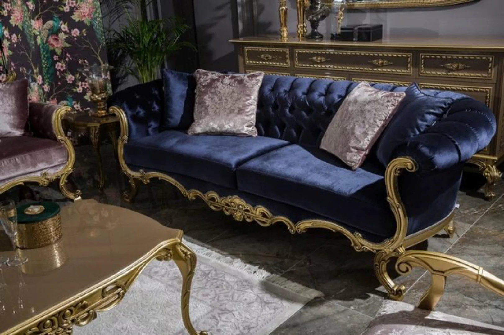 JVmoebel Sofa, Chesterfield Blau Samt Möbel Dreisitzer Sofa 3 Sitzer Sofas günstig online kaufen