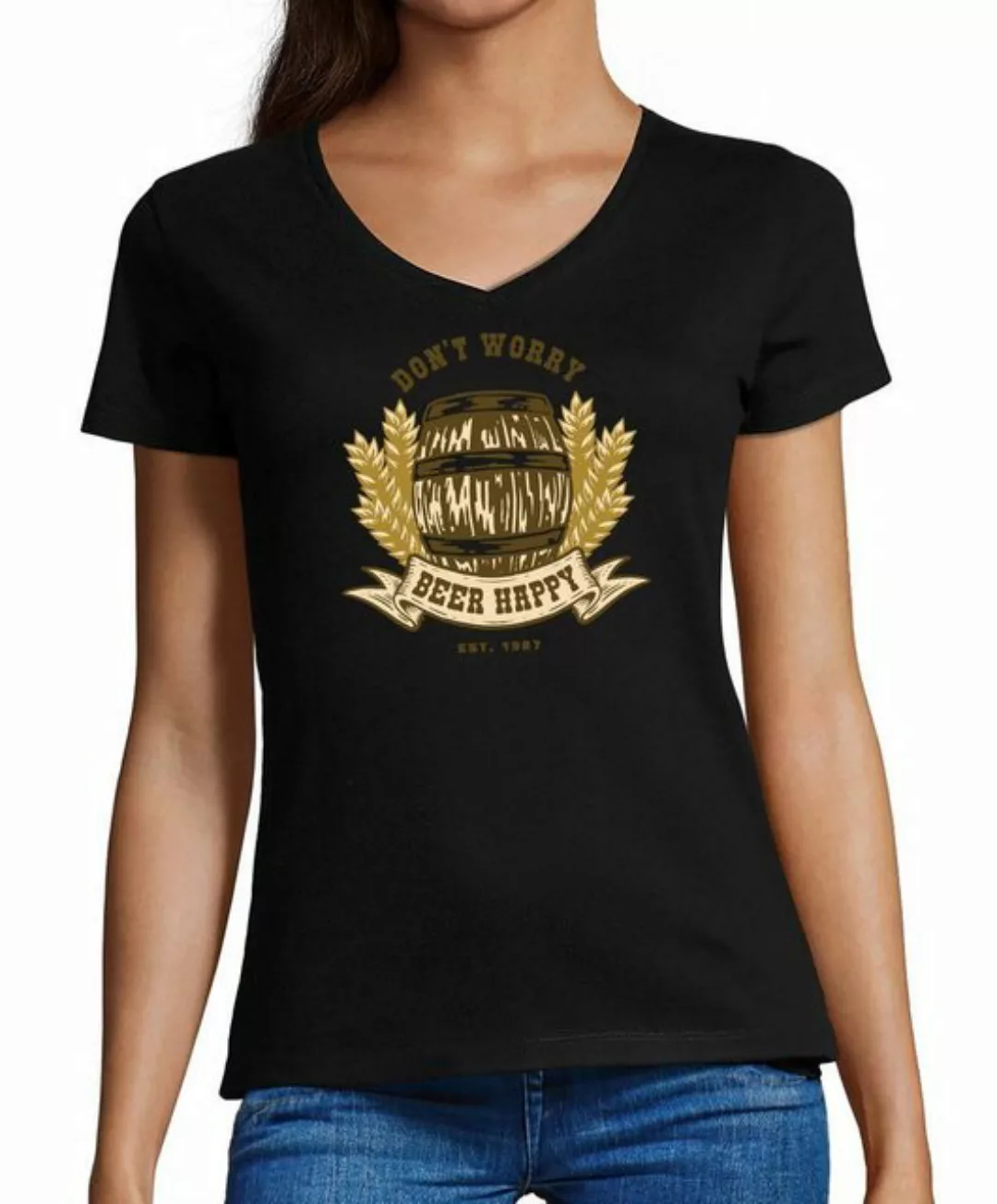 MyDesign24 T-Shirt Damen Oktoberfest Shirt - Don´t worry beer happy V-Aussc günstig online kaufen