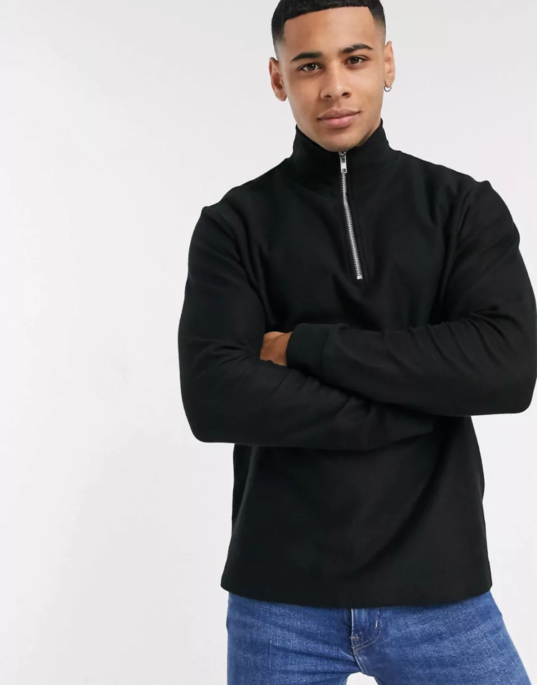 Topman – Sweatshirt in Schwarz aus Twill mit 1/4-Reißverschluss günstig online kaufen