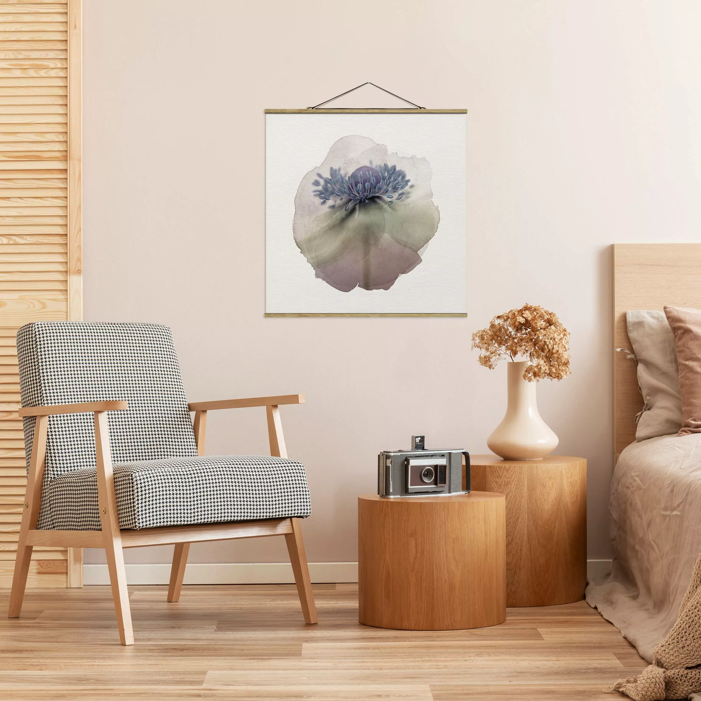 Stoffbild Blumen mit Posterleisten - Quadrat Wasserfarben - Anemone in Viol günstig online kaufen