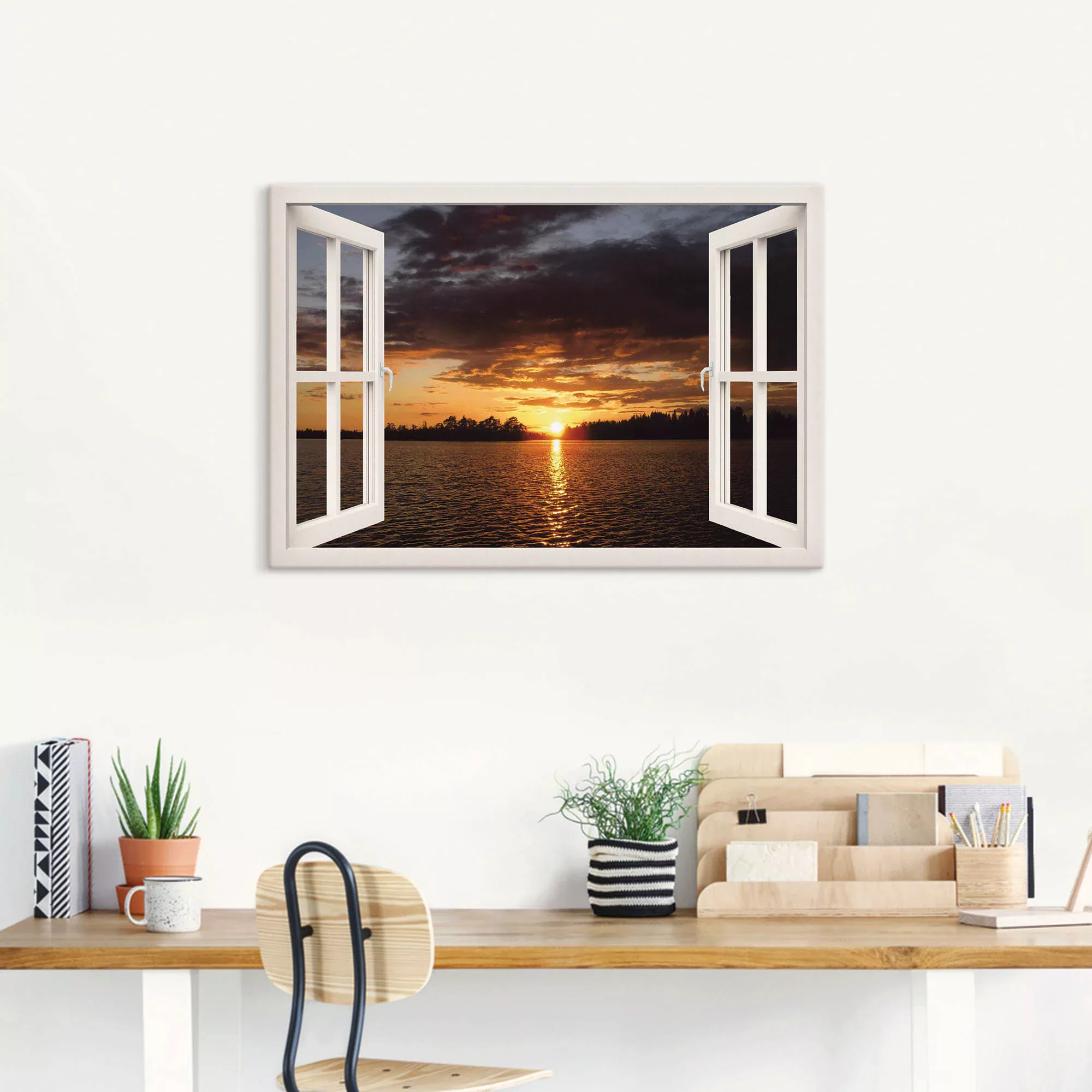 Artland Leinwandbild "Sonnenuntergang am See, weißes Fenster", Seebilder, ( günstig online kaufen