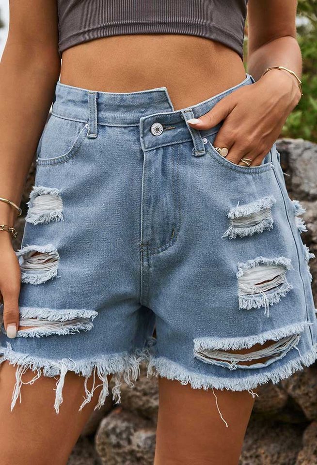SEGUEN Jeansshorts Unregelmäßig gerippte Raglanhosen mit rohem Rand (Denim günstig online kaufen