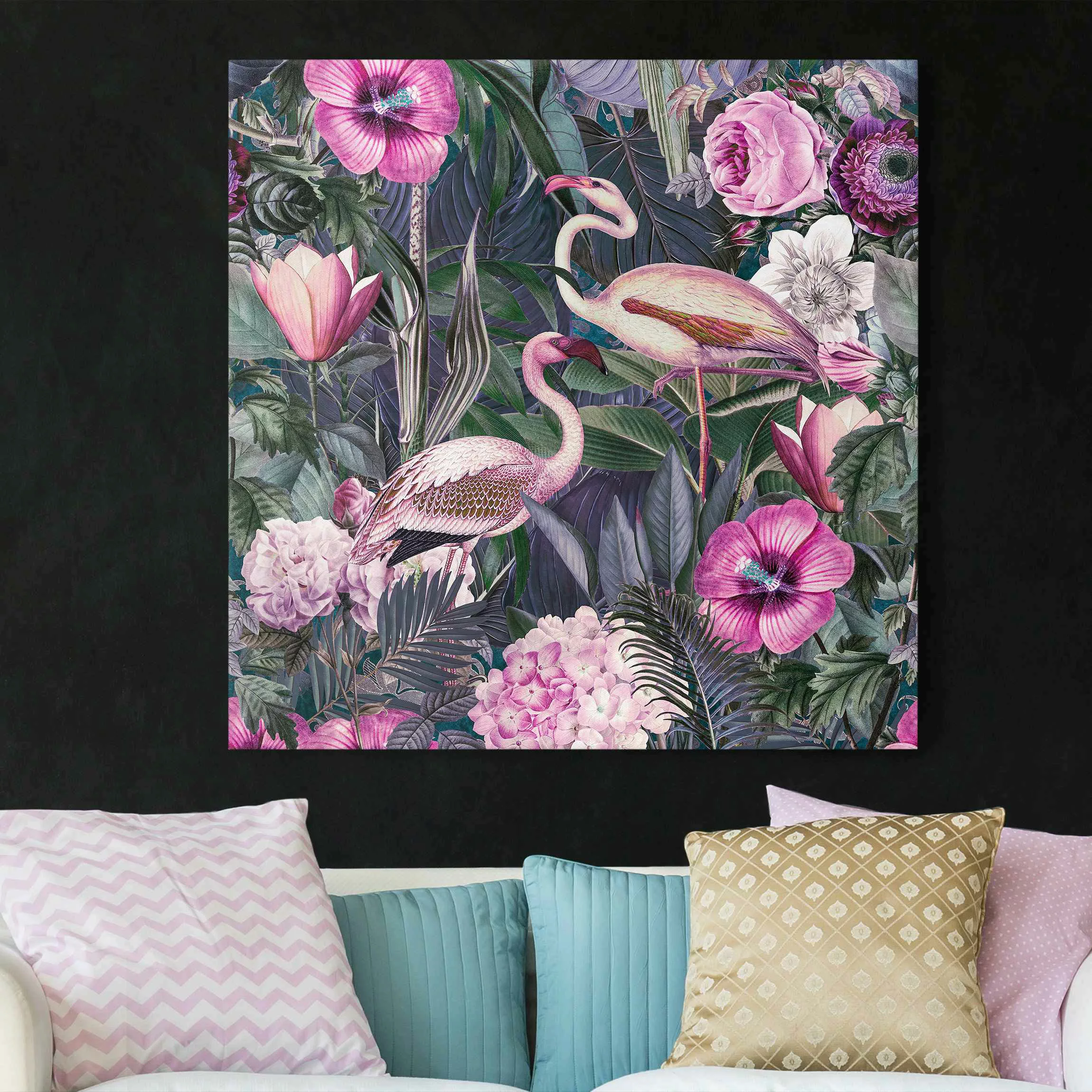 Leinwandbild Bunte Collage - Pinke Flamingos im Dschungel günstig online kaufen