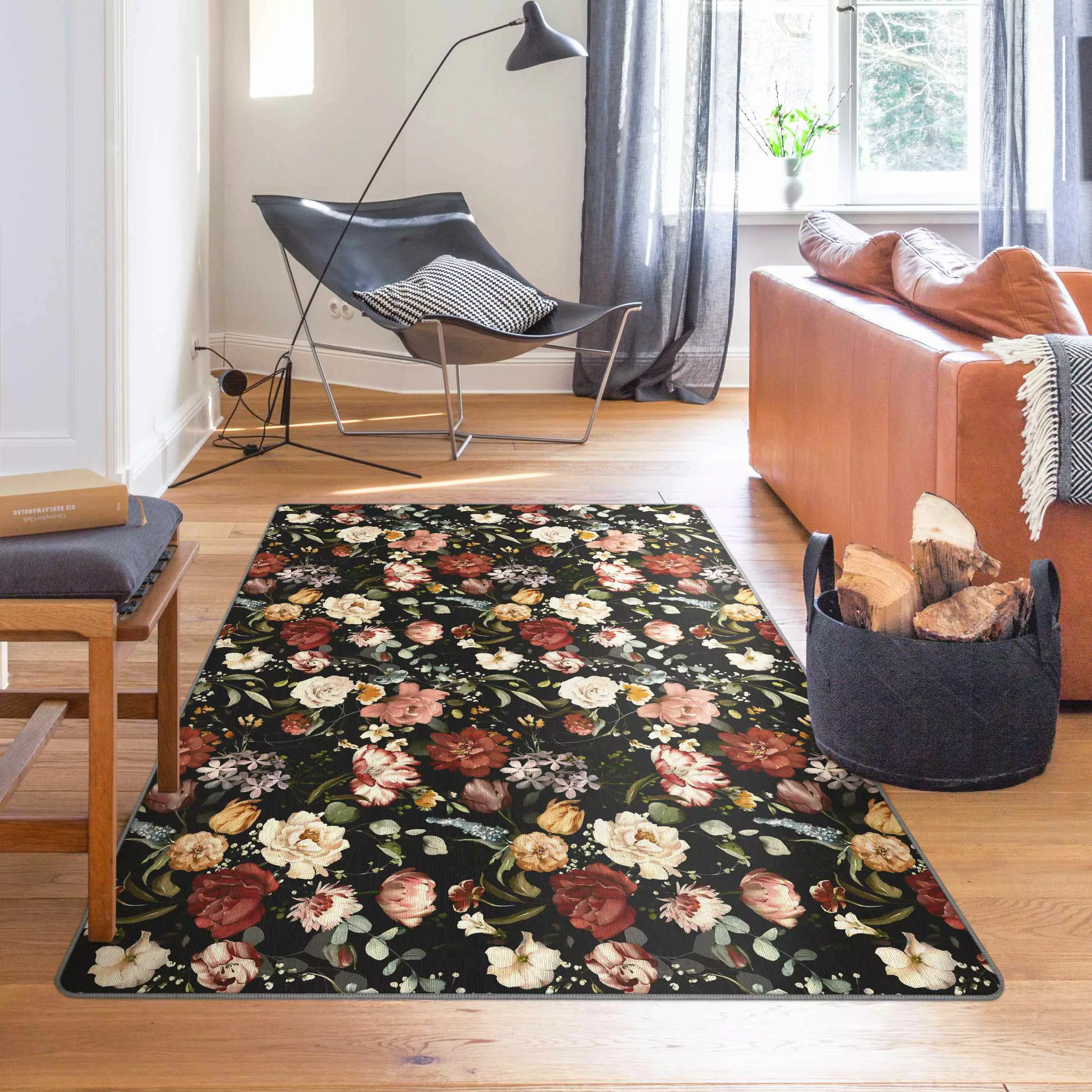 Teppich Blumen Aquarell Vintage Muster auf Schwarz günstig online kaufen