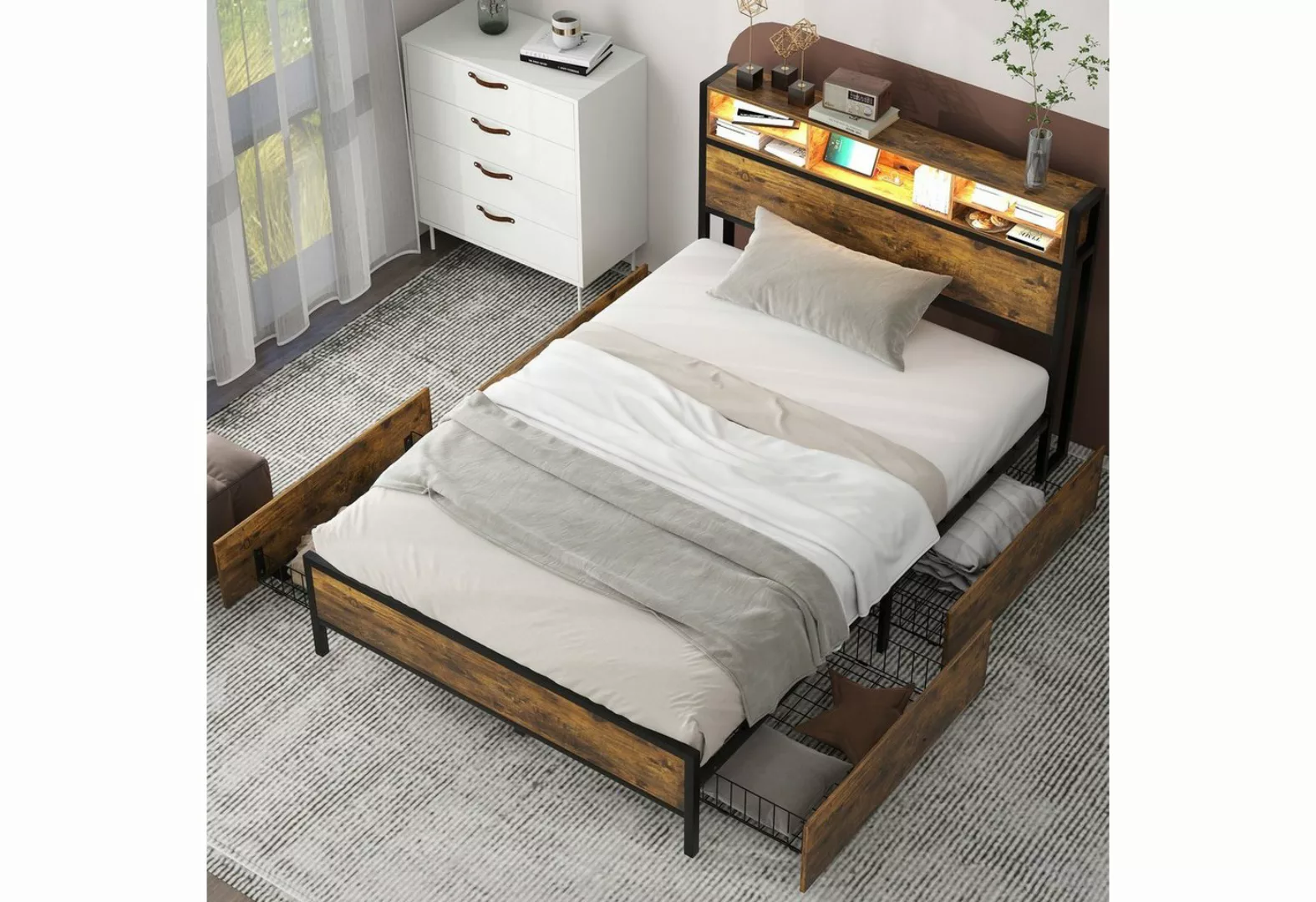 Celya Bettgestell Flachbett Stauraumbett mit 4 Schubladen, LED-Bett mit USB günstig online kaufen