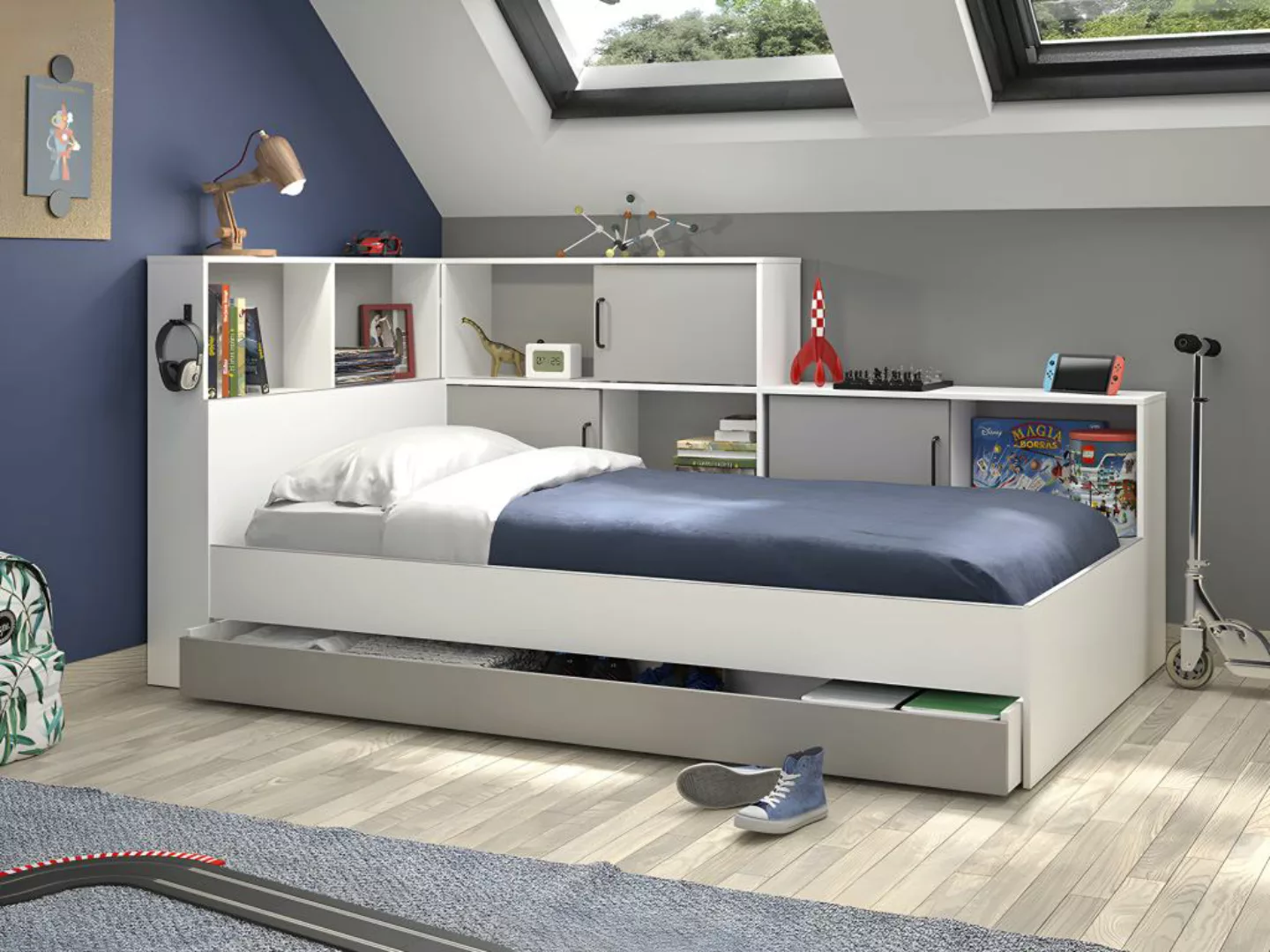 Bett mit Stauraum & Schublade + Lattenrost - 90 x 200 cm - Weiß & Grau - AR günstig online kaufen