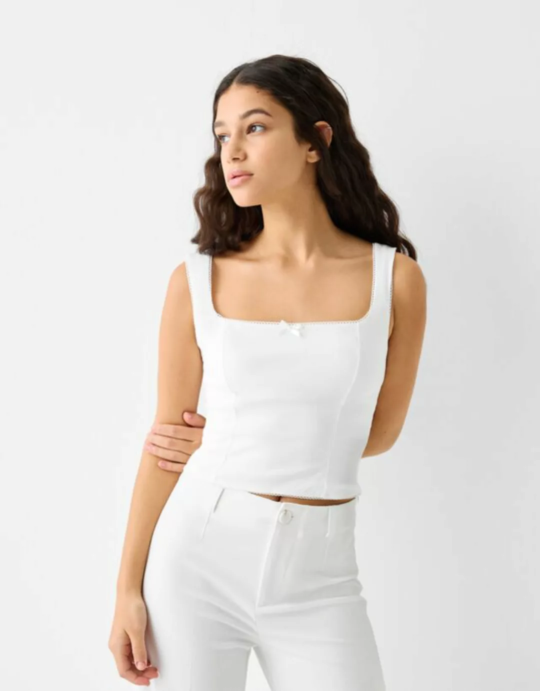 Bershka Top Aus Bengaline Mit Schleife Damen S Weiss günstig online kaufen