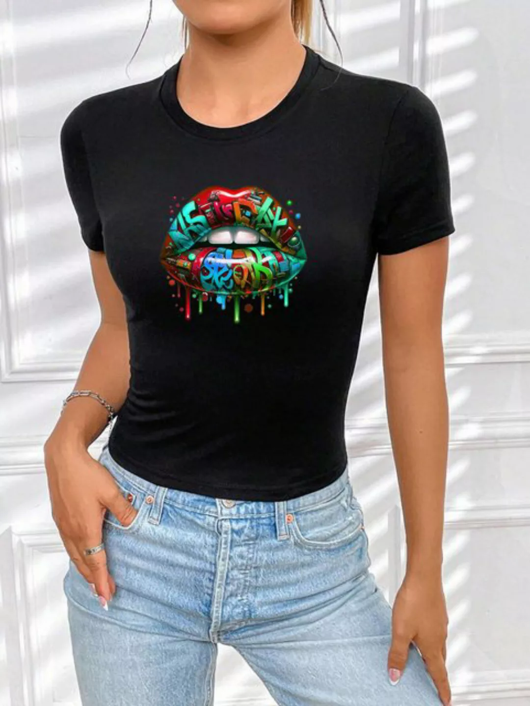 RMK T-Shirt Damen Shirt Top Sommer Basic Lippen Kussmund Graffiti günstig online kaufen