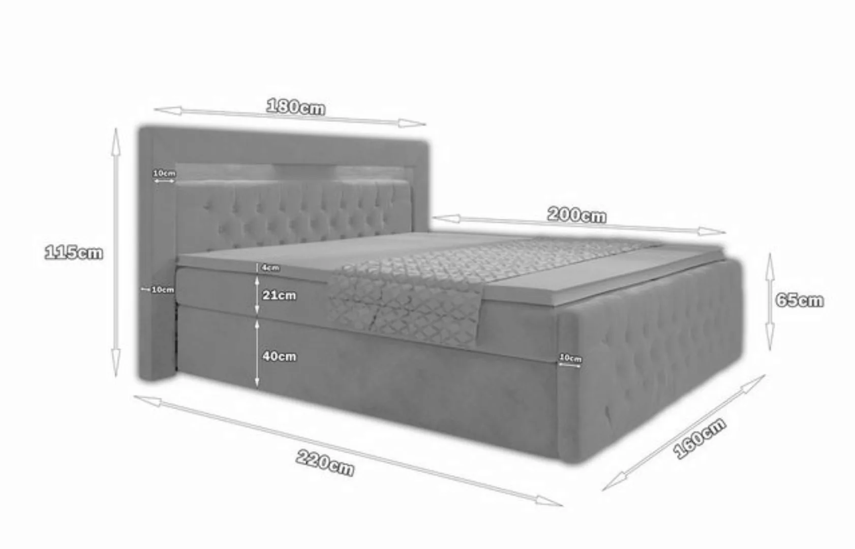 PROMETO Möbel Boxspringbett ASCONA Polsterbett mit LED-Beleuchtung, 2 Bettk günstig online kaufen