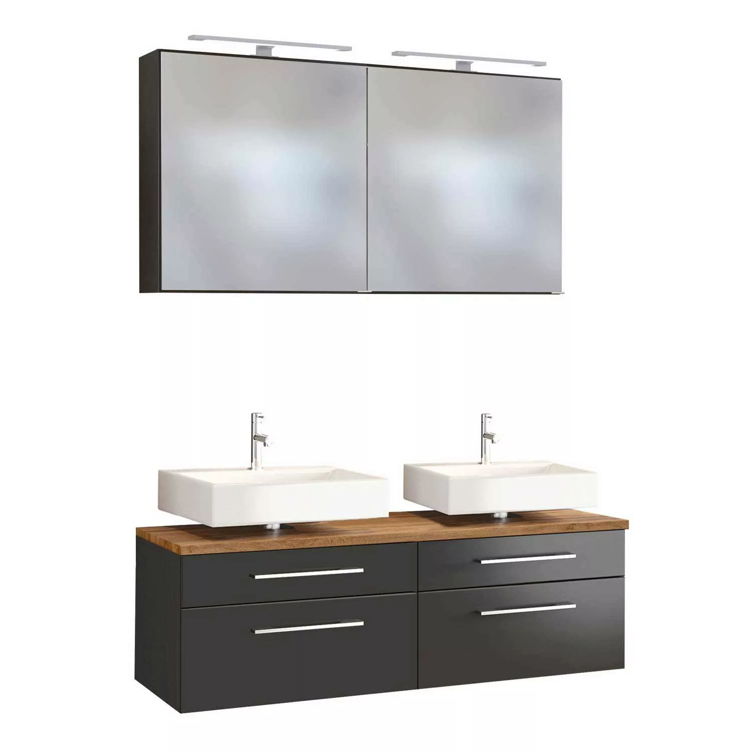 Doppel-Waschplatz 120 cm Set inkl. LED-Spiegelschrank TAREE-03 in matt grau günstig online kaufen