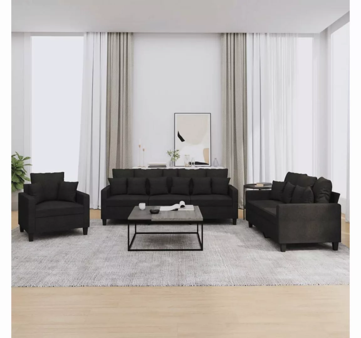 vidaXL Sofa Sofagarnitur Set mit Kissen Stoff, 3-tlg., Schwarz günstig online kaufen